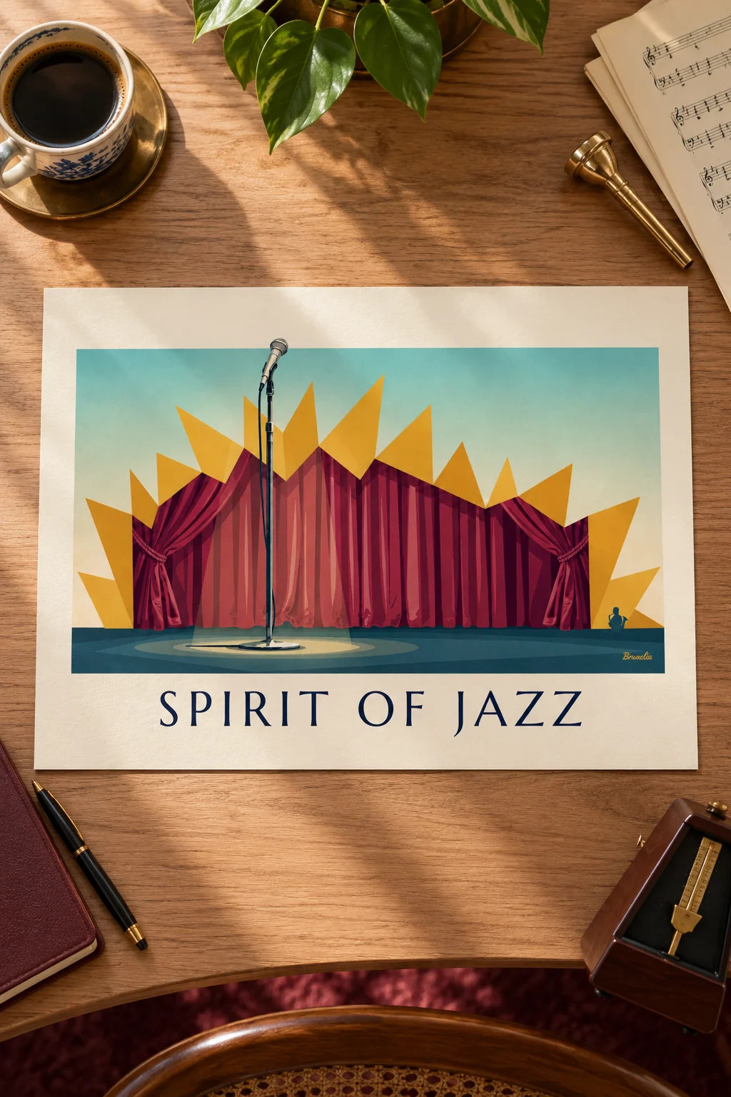Living room: Jazz club stage microphone, Spirit of Jazz poster on the wall