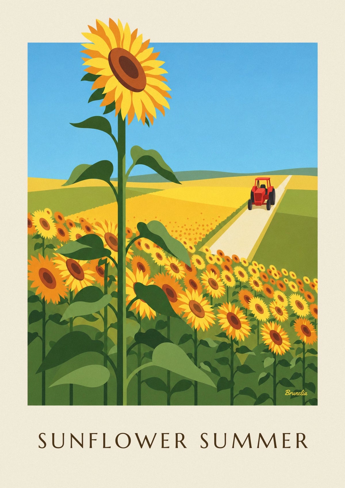 Affiche champs de tournesols et petit tracteur rouge en été
