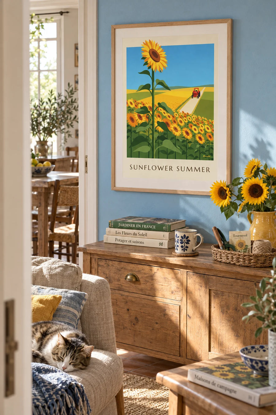 Poster of sunflower fields and a little red tractor in summer: framed on the wall