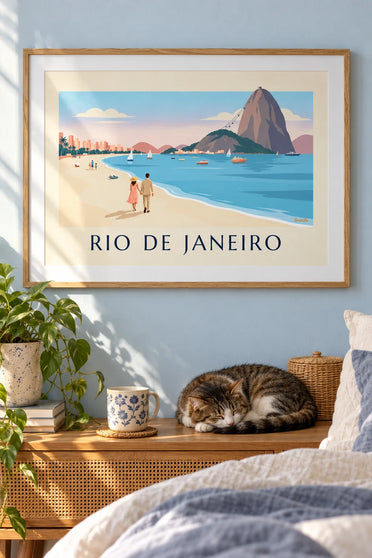 Rio couple on Botafogo beach facing Sugarloaf Mountain poster : framed on the wall