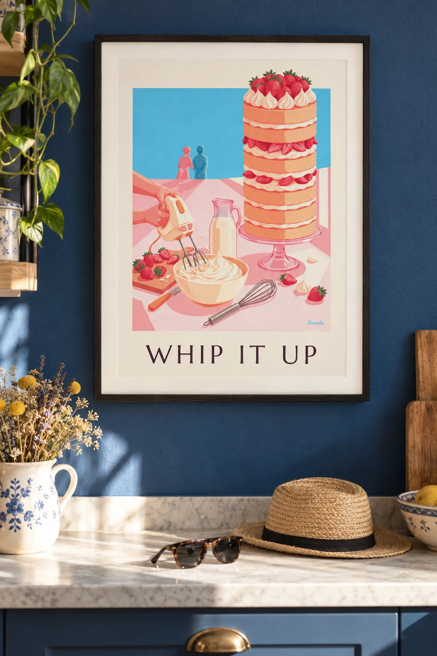 Affiche batteur à main, crème fouettée et gâteau aux fraises : encadrée au mur