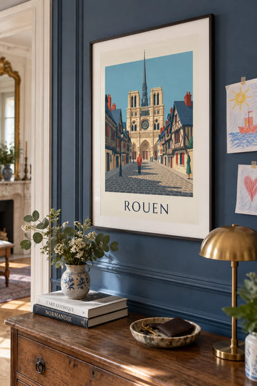 Affiche cathédrale Notre-Dame de Rouen et maisons à colombages : encadrée au mur