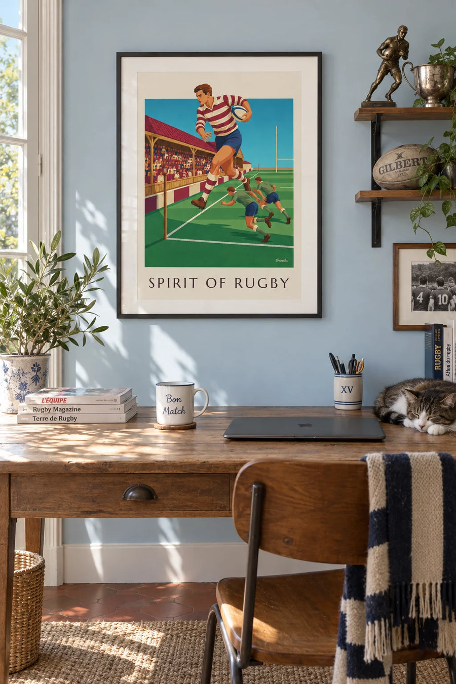 Poster of a rugby player sprinting along the touchline: framed on the wall