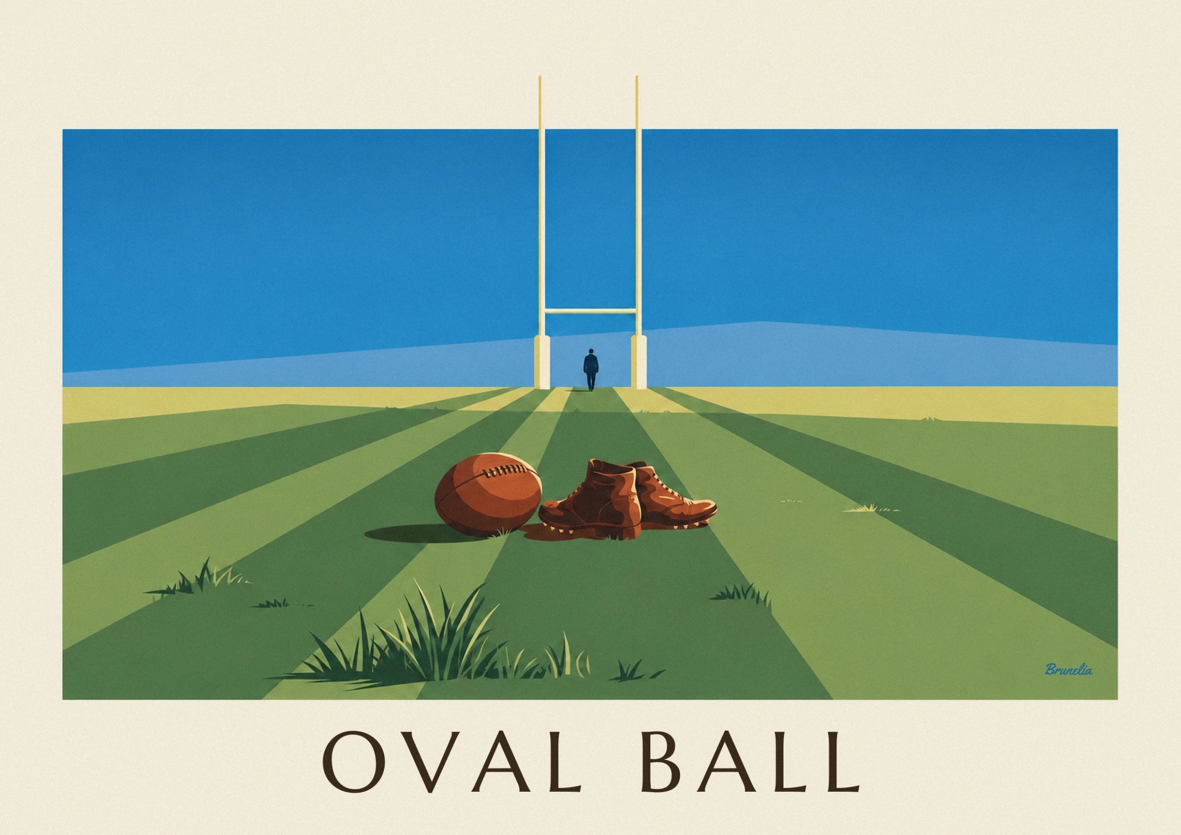 The oval brown leather ball with black laces on the striped grass