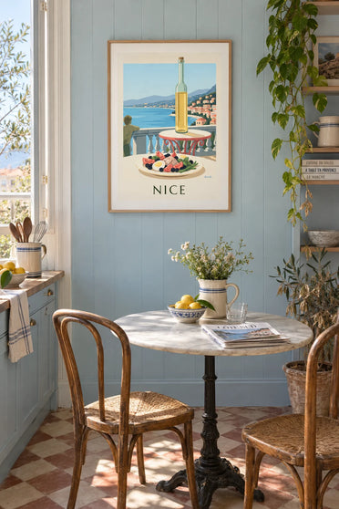 Poster of a Niçoise salad on a terrace facing the sea: framed on the wall
