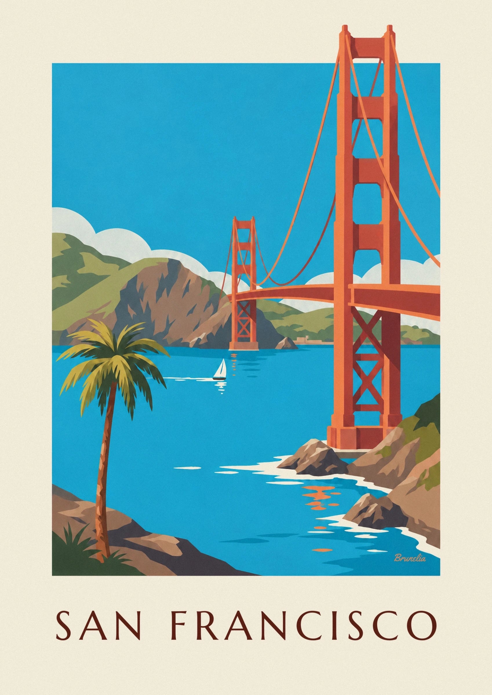 Le pylône rouge orangé du Golden Gate et ses câbles sur le ciel bleu