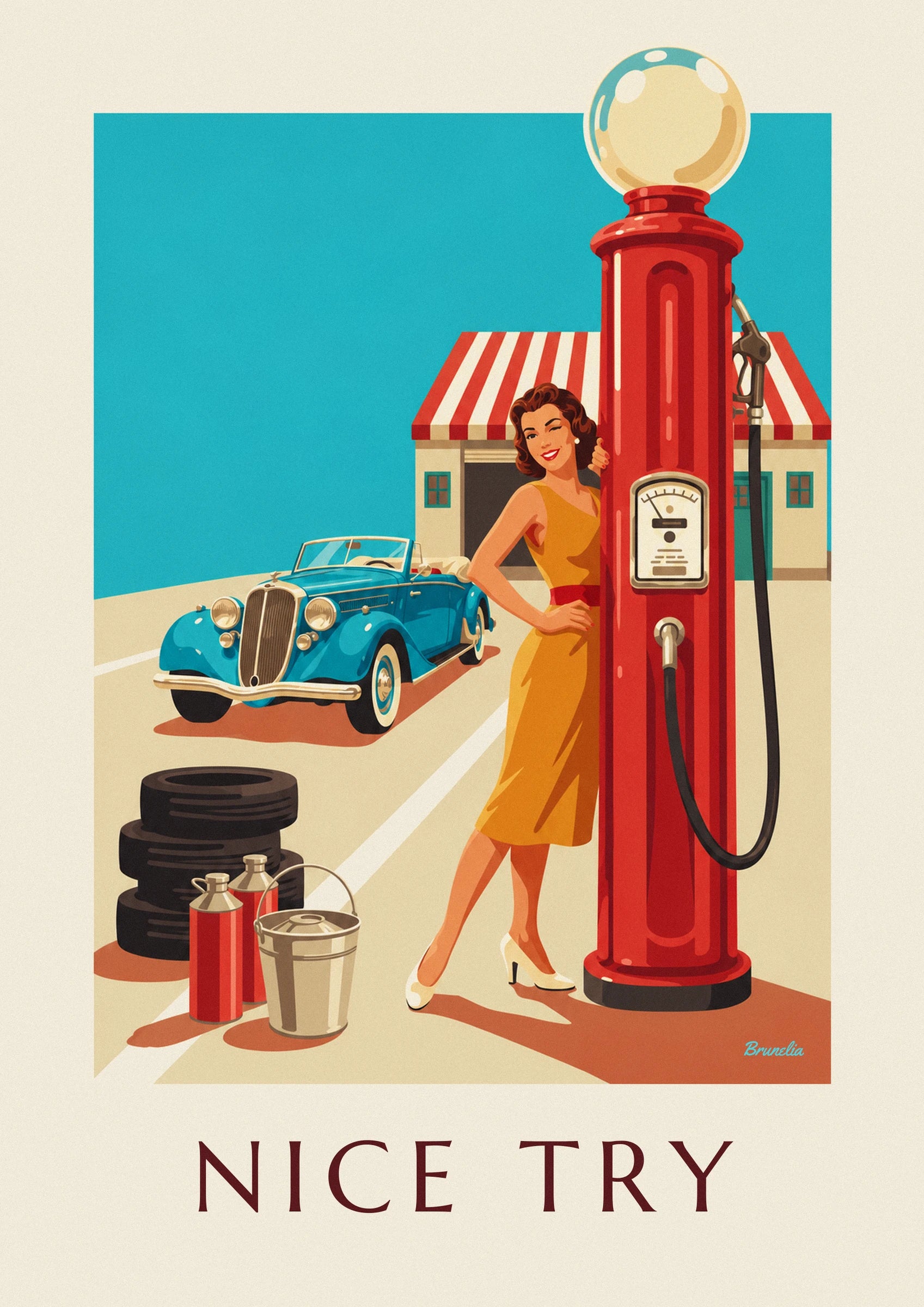 The winking pin-up in a yellow dress beside the red petrol pump and blue convertible