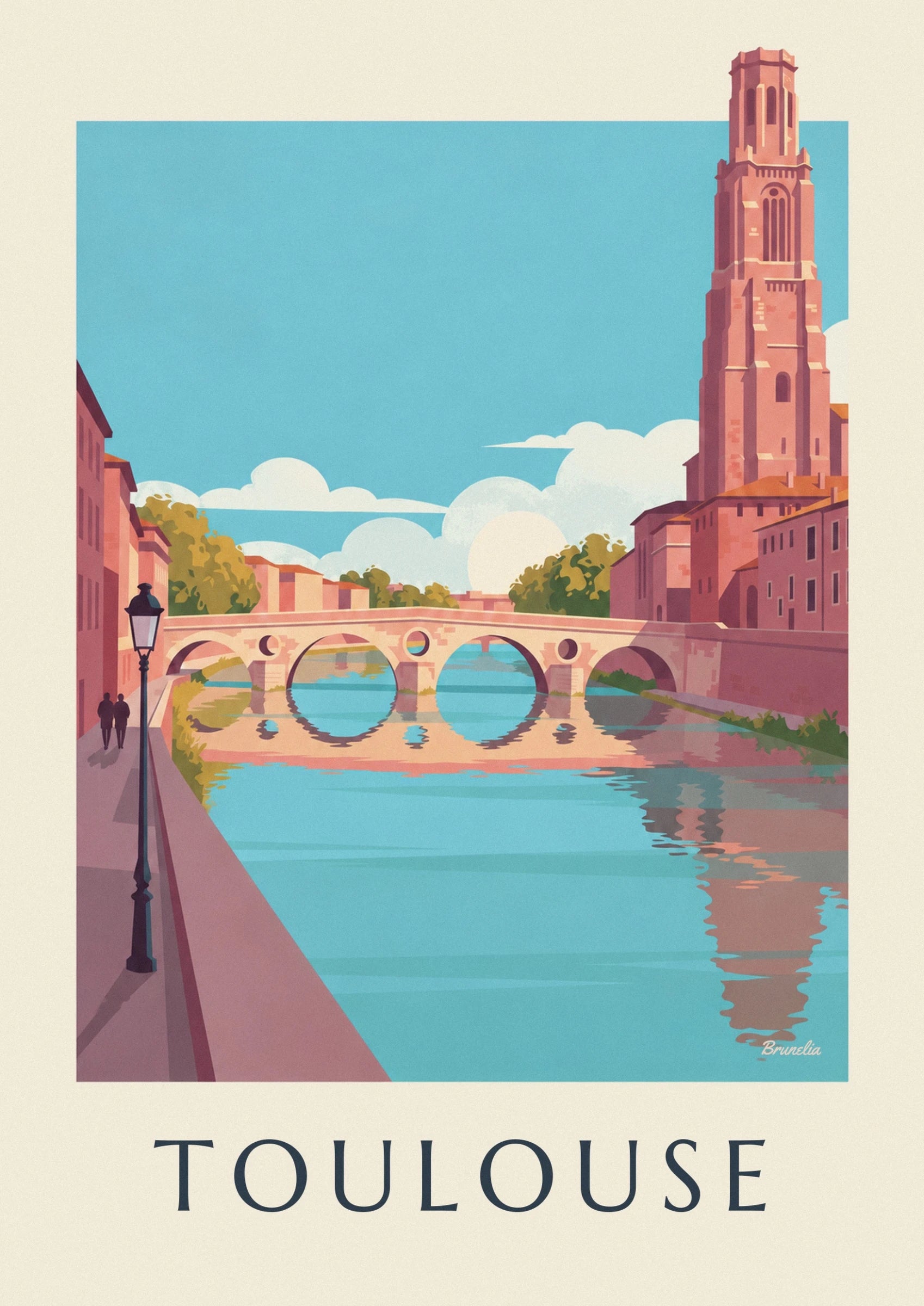 The pink brick tower with tall slender windows against the blue sky of Toulouse