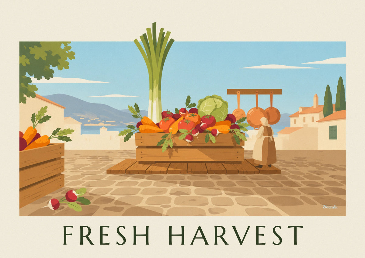 Crate of fresh vegetables on a market stall poster