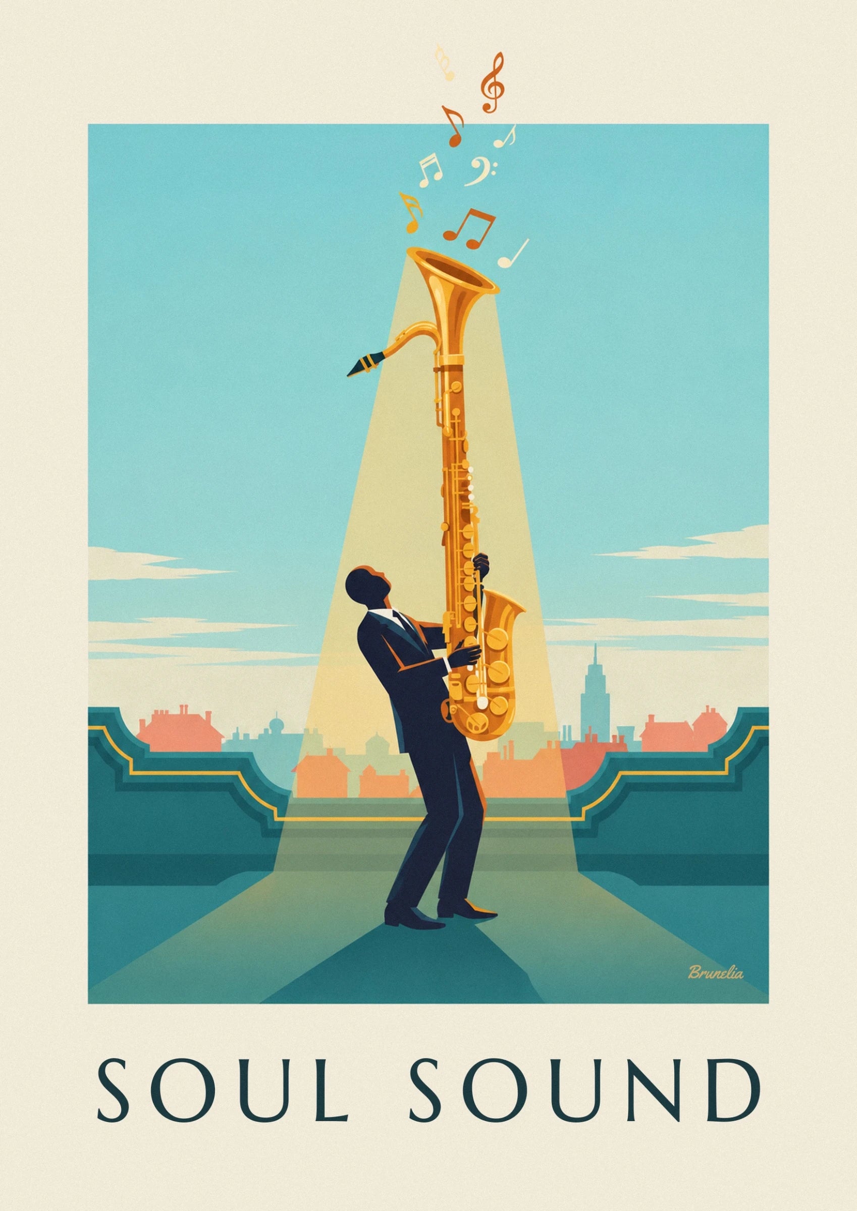 Le saxophoniste en costume sombre et son instrument doré sous la lumière jaune