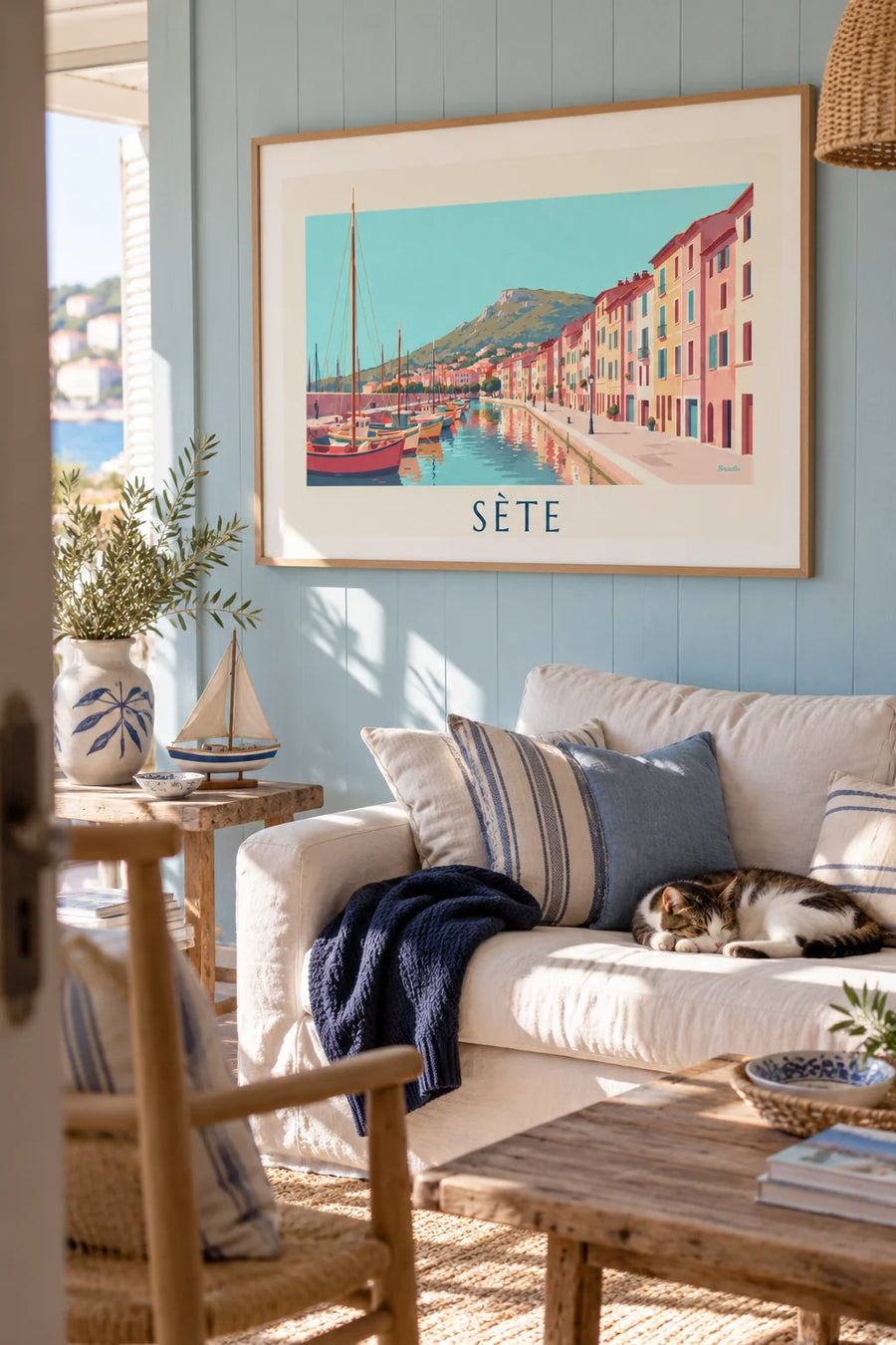 Poster of the Canal Royal in Sète and colorful fishing boats: framed on the wall