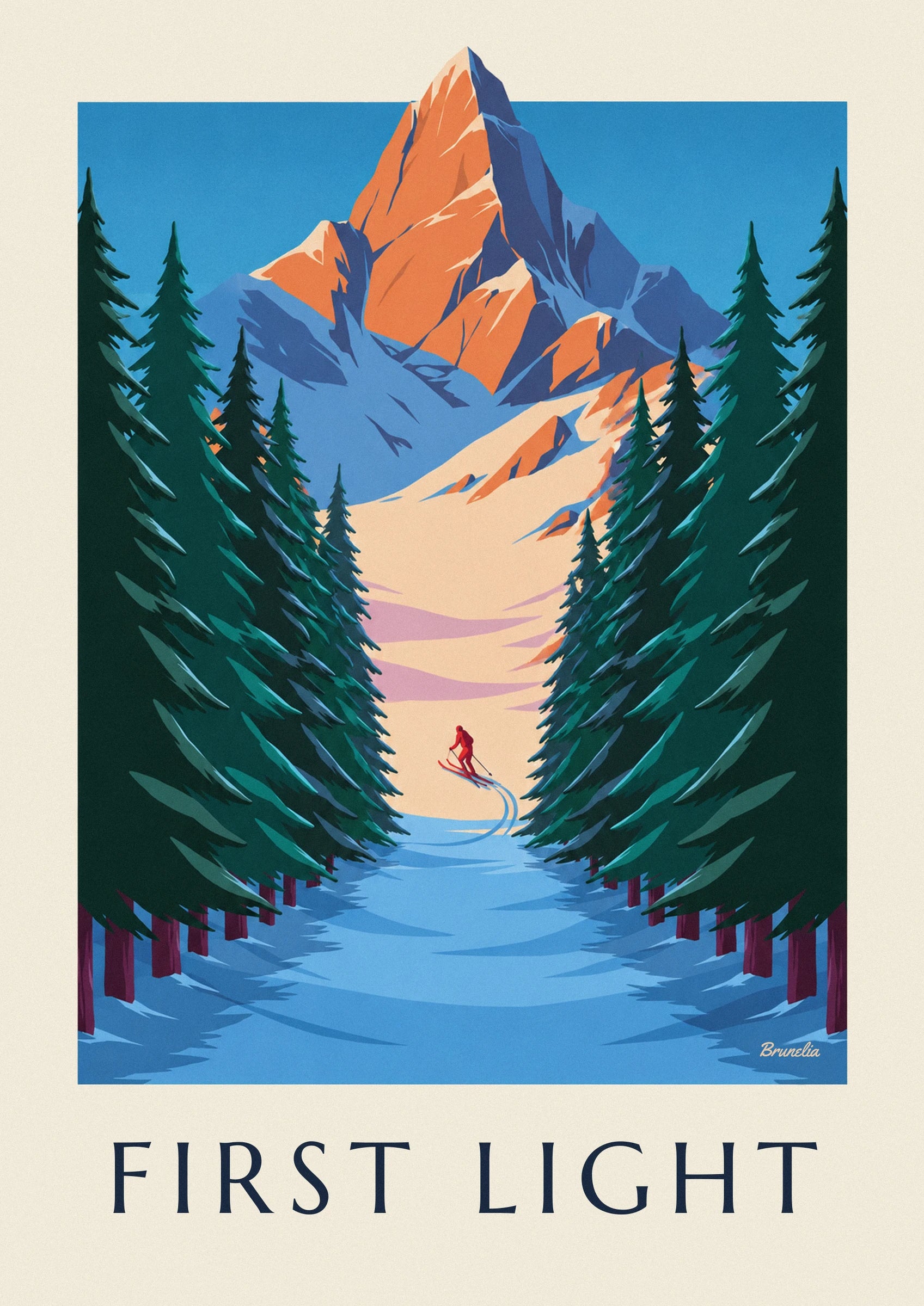 A rugged peak with orange and blue faces above the snowy slopes