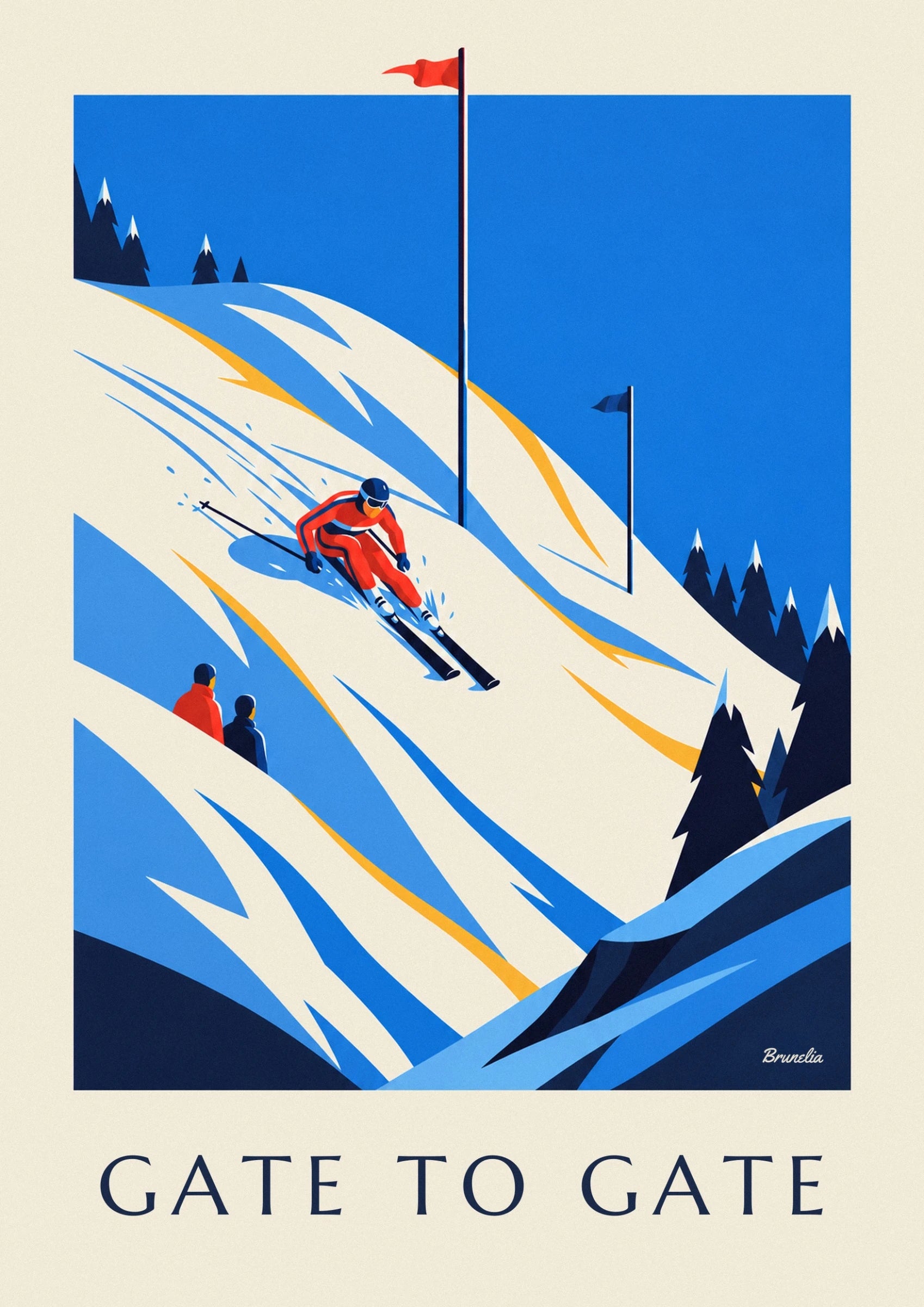 The skier in a red ski suit and blue helmet, with parallel skis on the snow