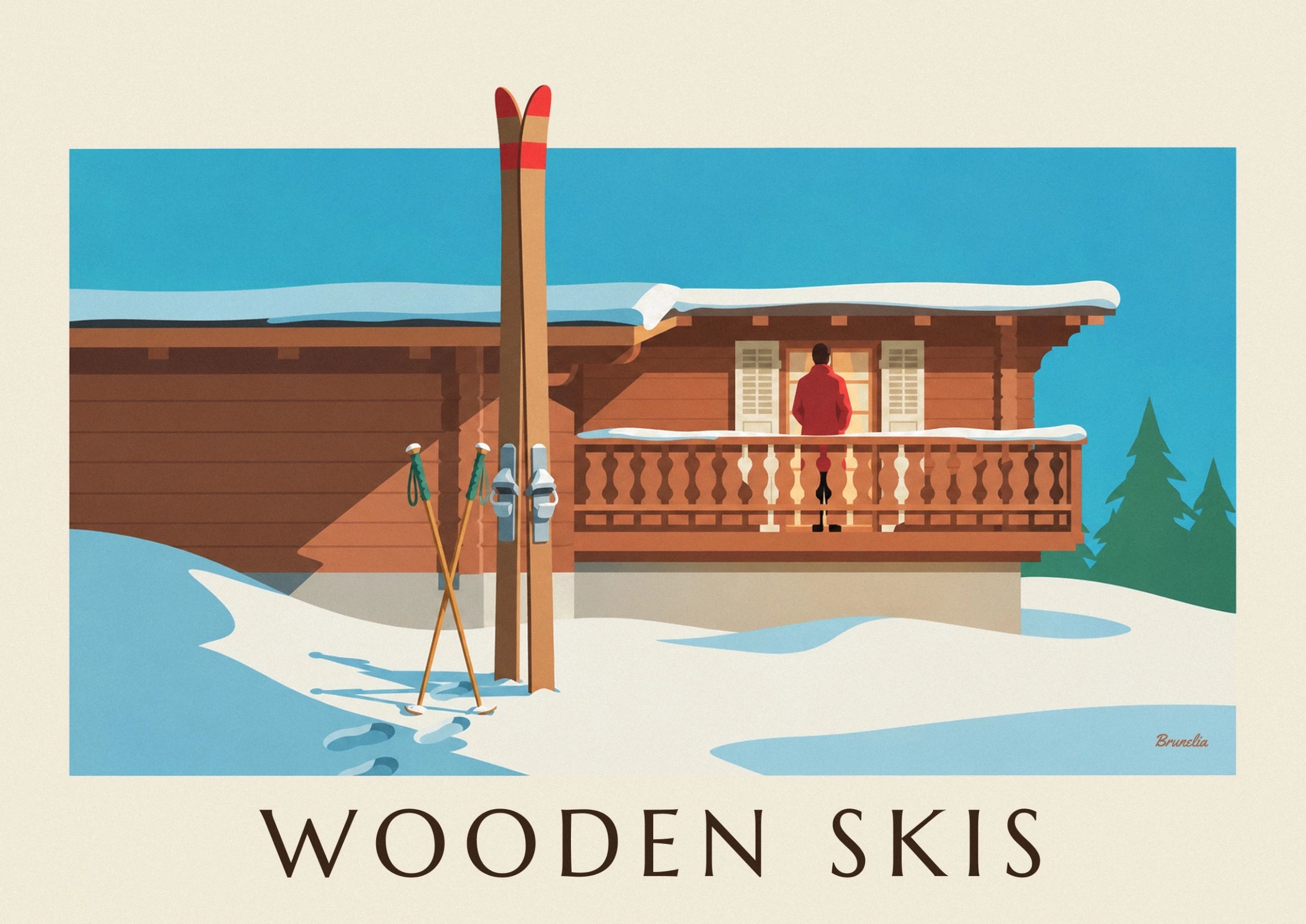 The wooden skis and their crossed poles against the snowy chalet