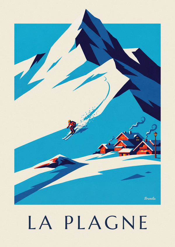Skier descending La Plagne facing Bellecôte poster