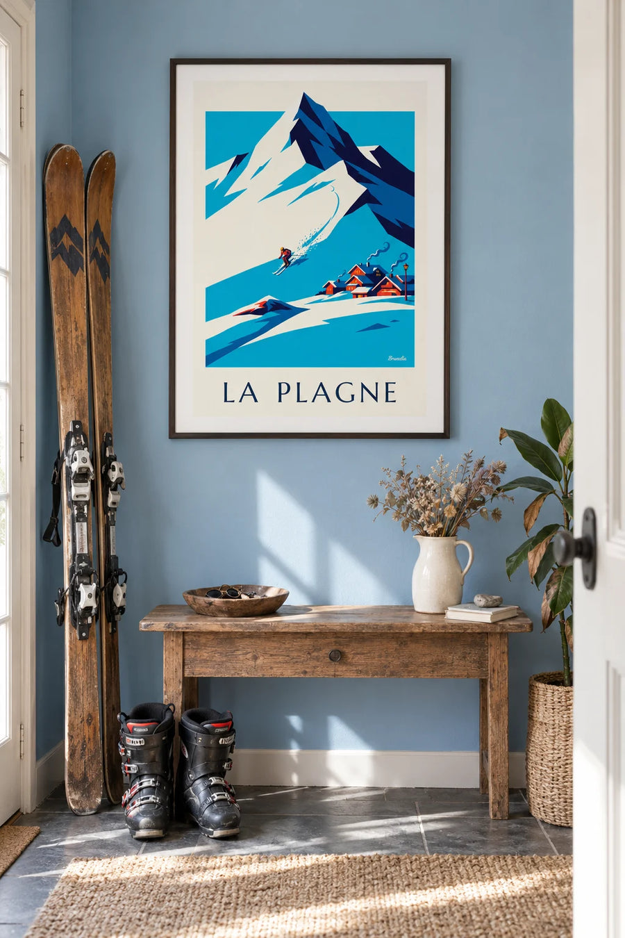 Poster of a skier on the downhill run at La Plagne facing Bellecôte: framed on the wall