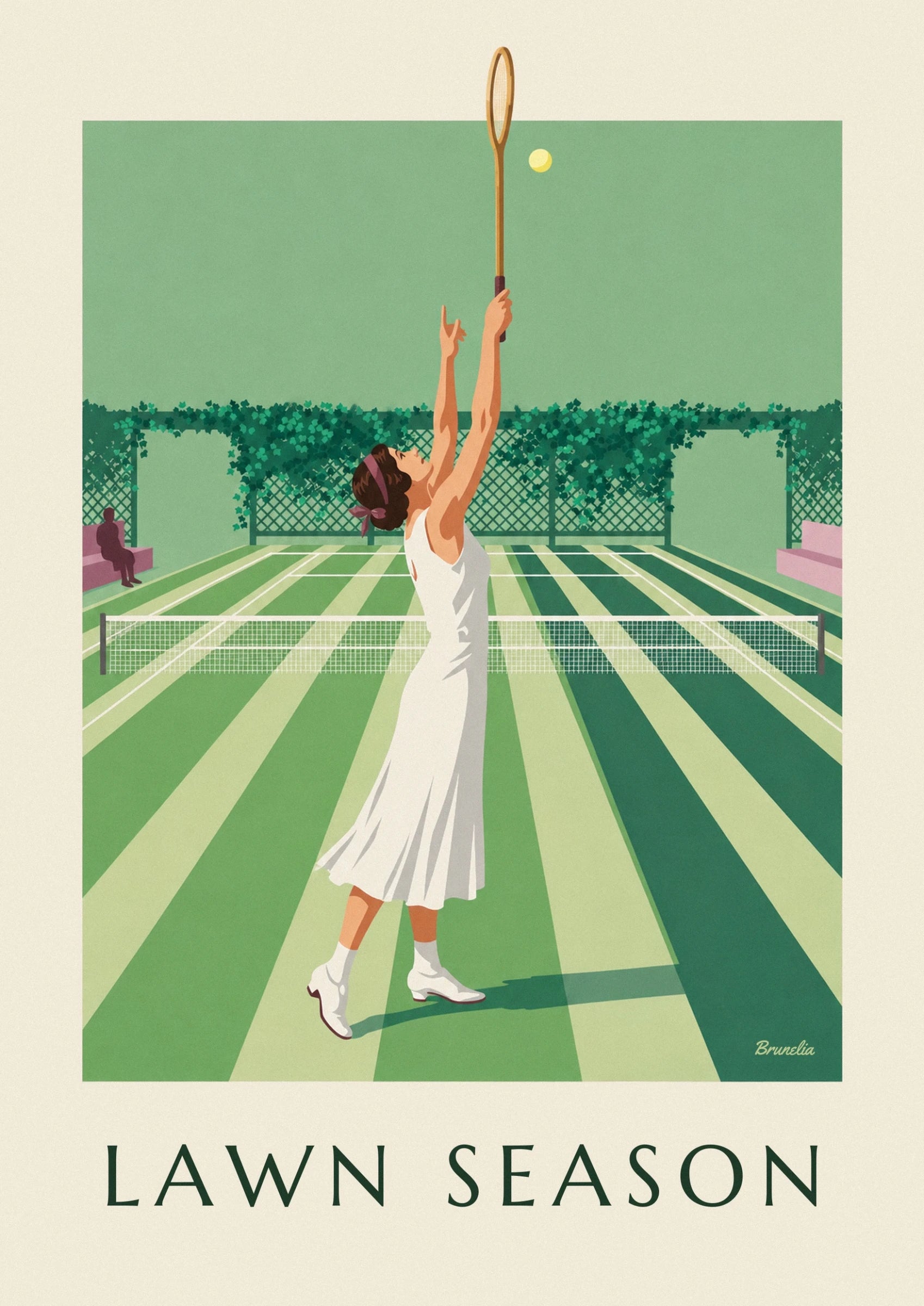 The player in a white dress with her arms raised to serve in front of the net