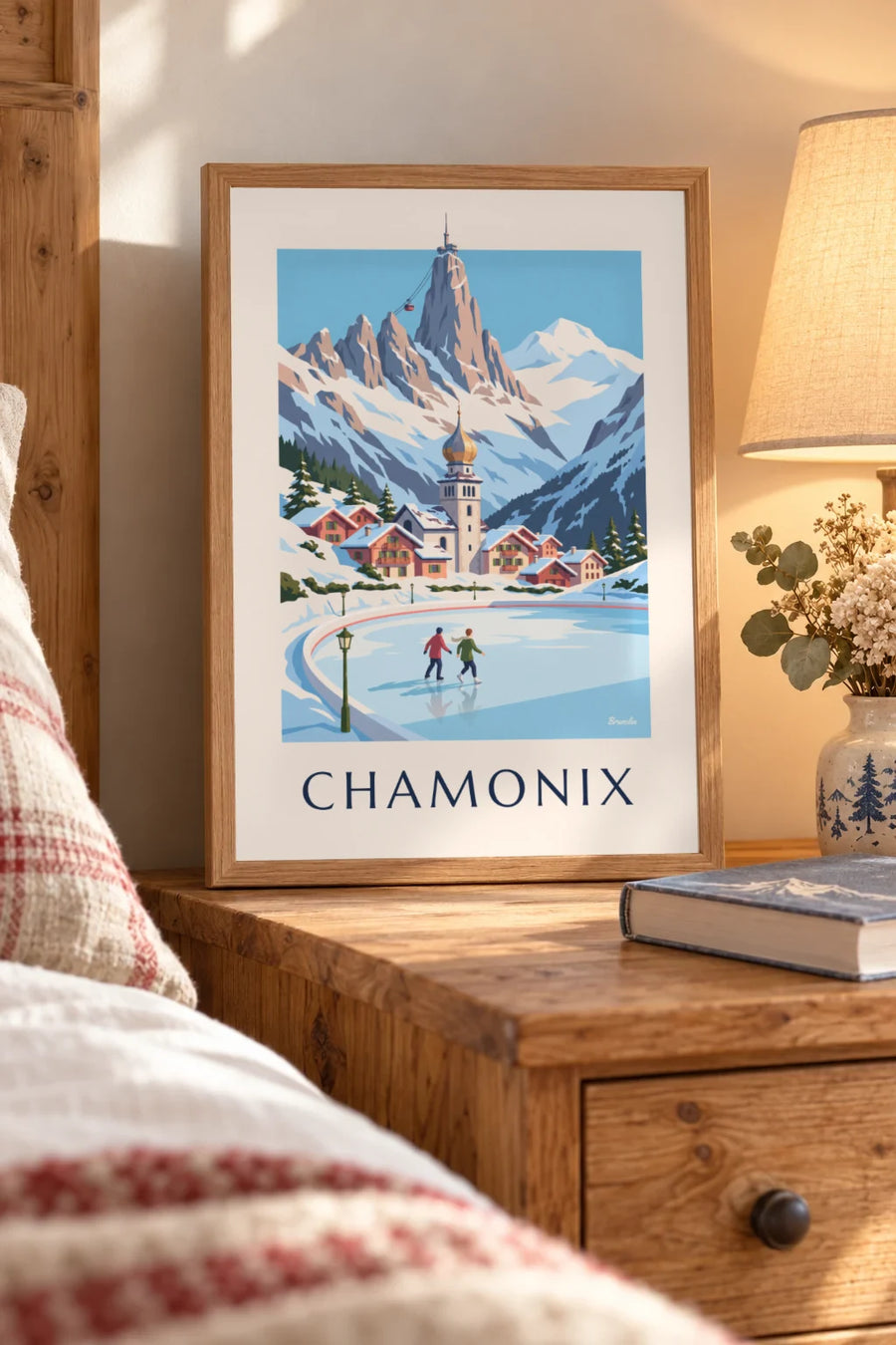 Affiche patineurs sur la patinoire de Chamonix et l'Aiguille du Midi : petit format A4 encadré
