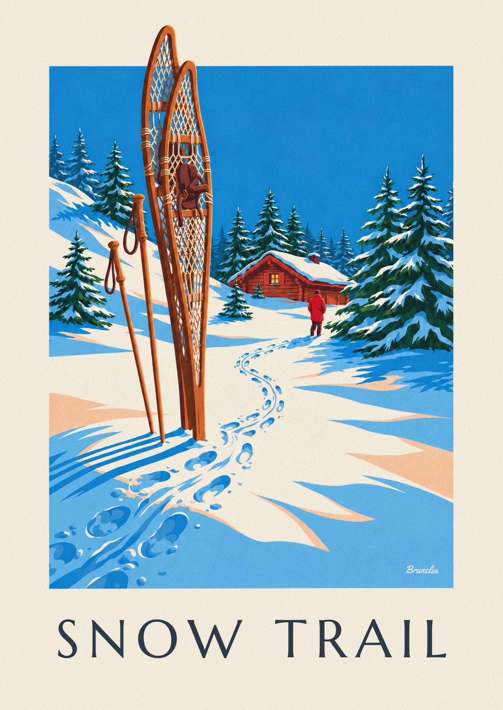 The wooden snowshoes with pale webbing and brown bindings beside the poles