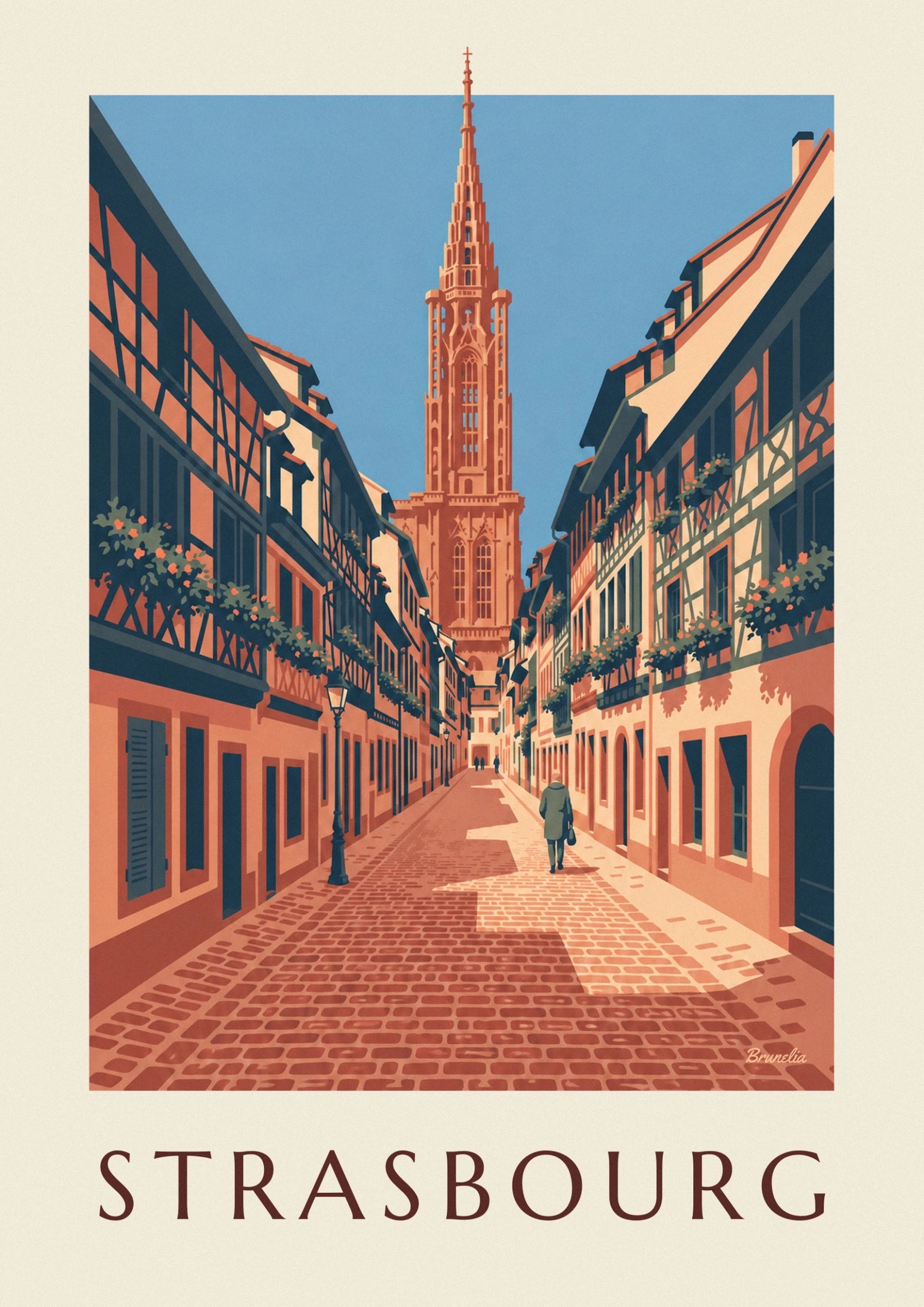 The orange spire of Strasbourg cathedral against a blue sky