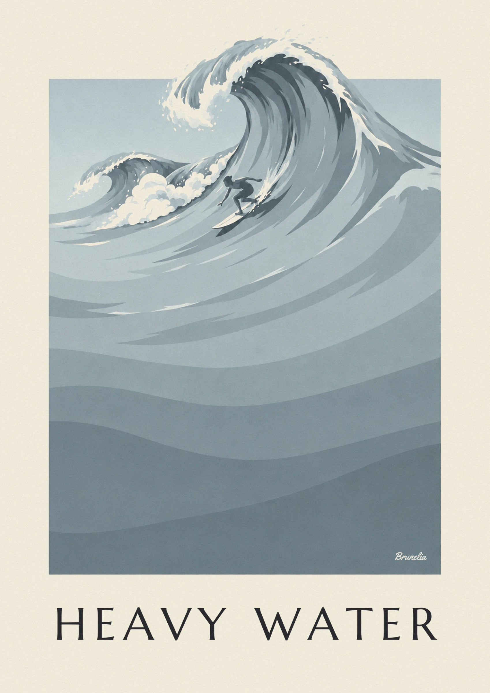 Le surfeur penché sur sa planche blanche, dans le creux d'une grosse vague bleu-gris