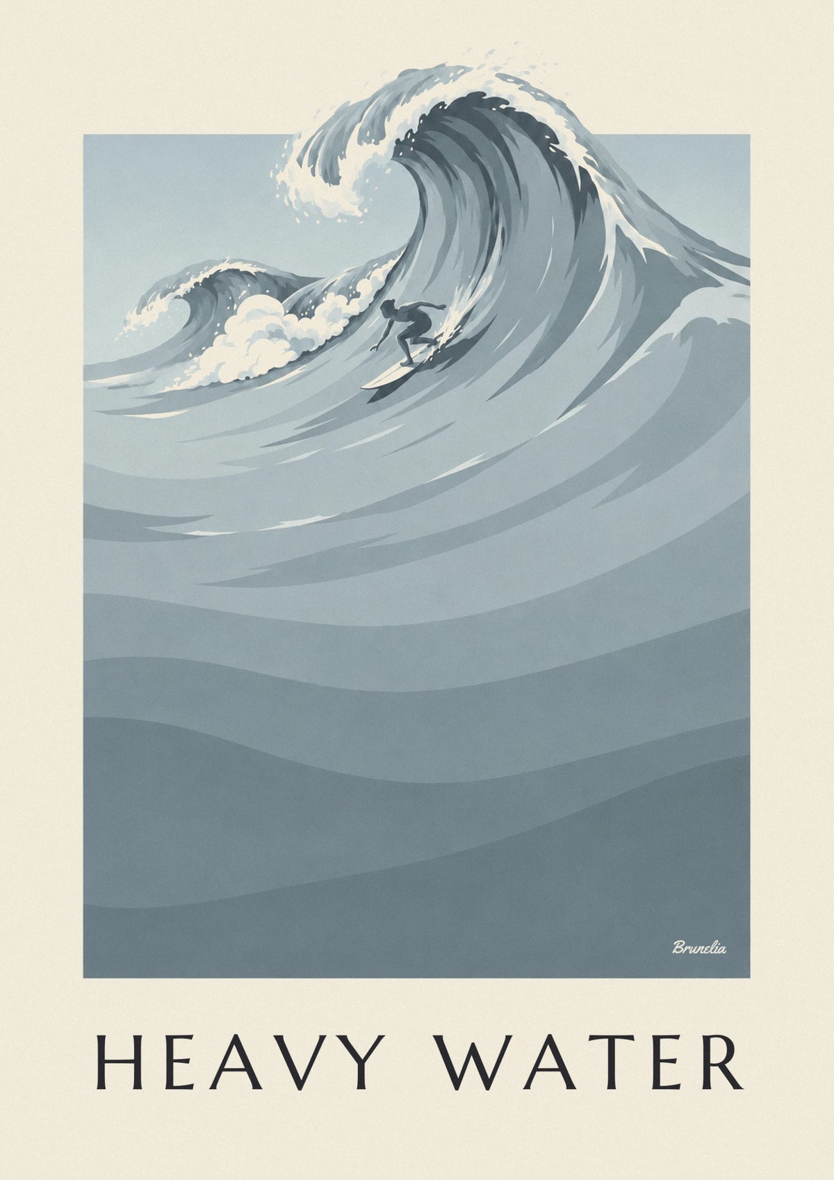Affiche surfeur et vague géante en camaïeu gris-bleu