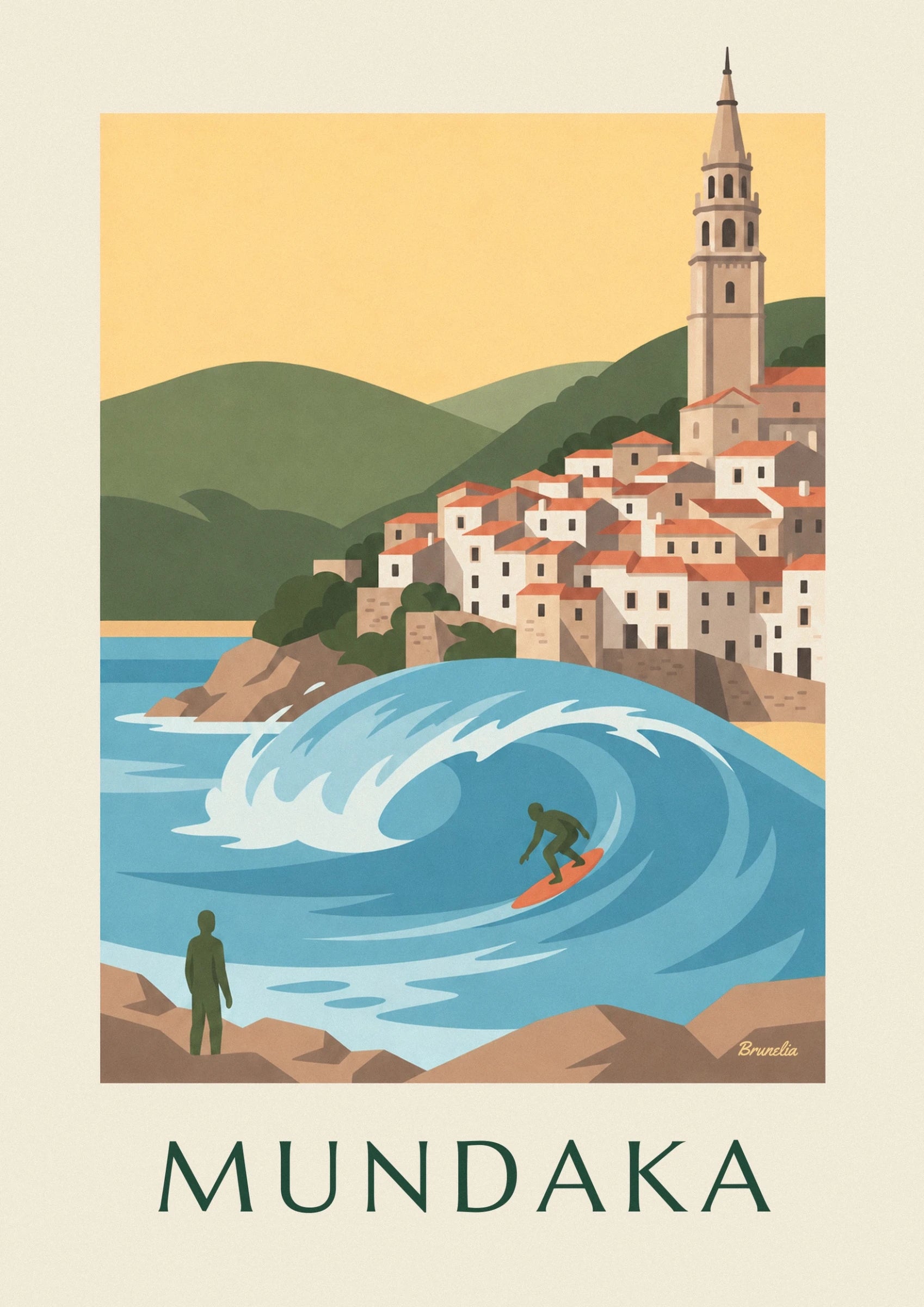 Le surfeur sur sa planche orange au creux d’une vague aux courbes bleues