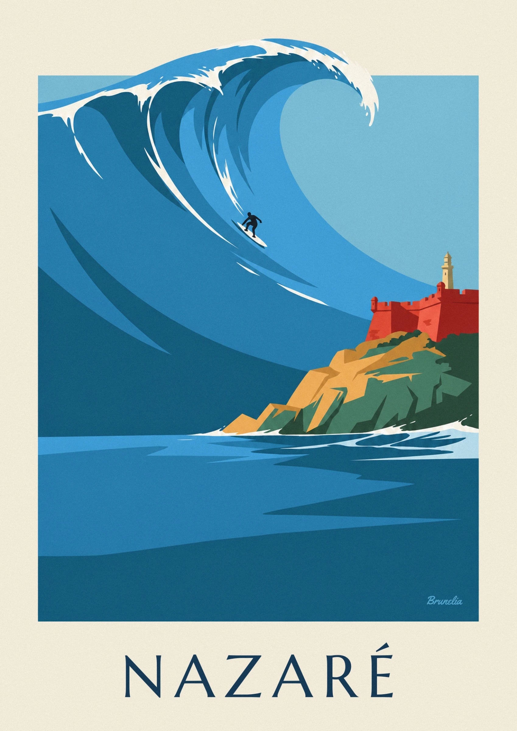 Le fort rouge de Nazaré et son phare jaune au-dessus des rochers ocre et verts