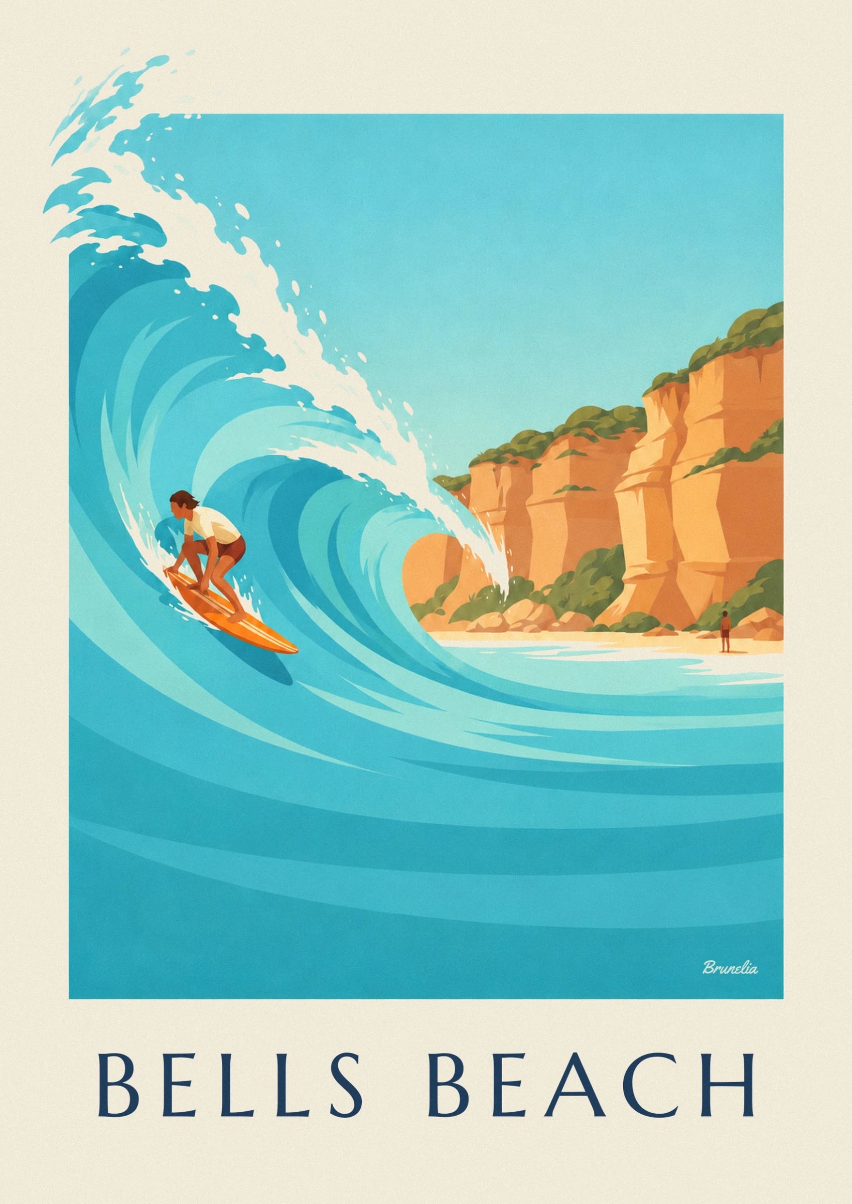 Le surfeur en short brun sur sa planche orange, au creux de la vague turquoise