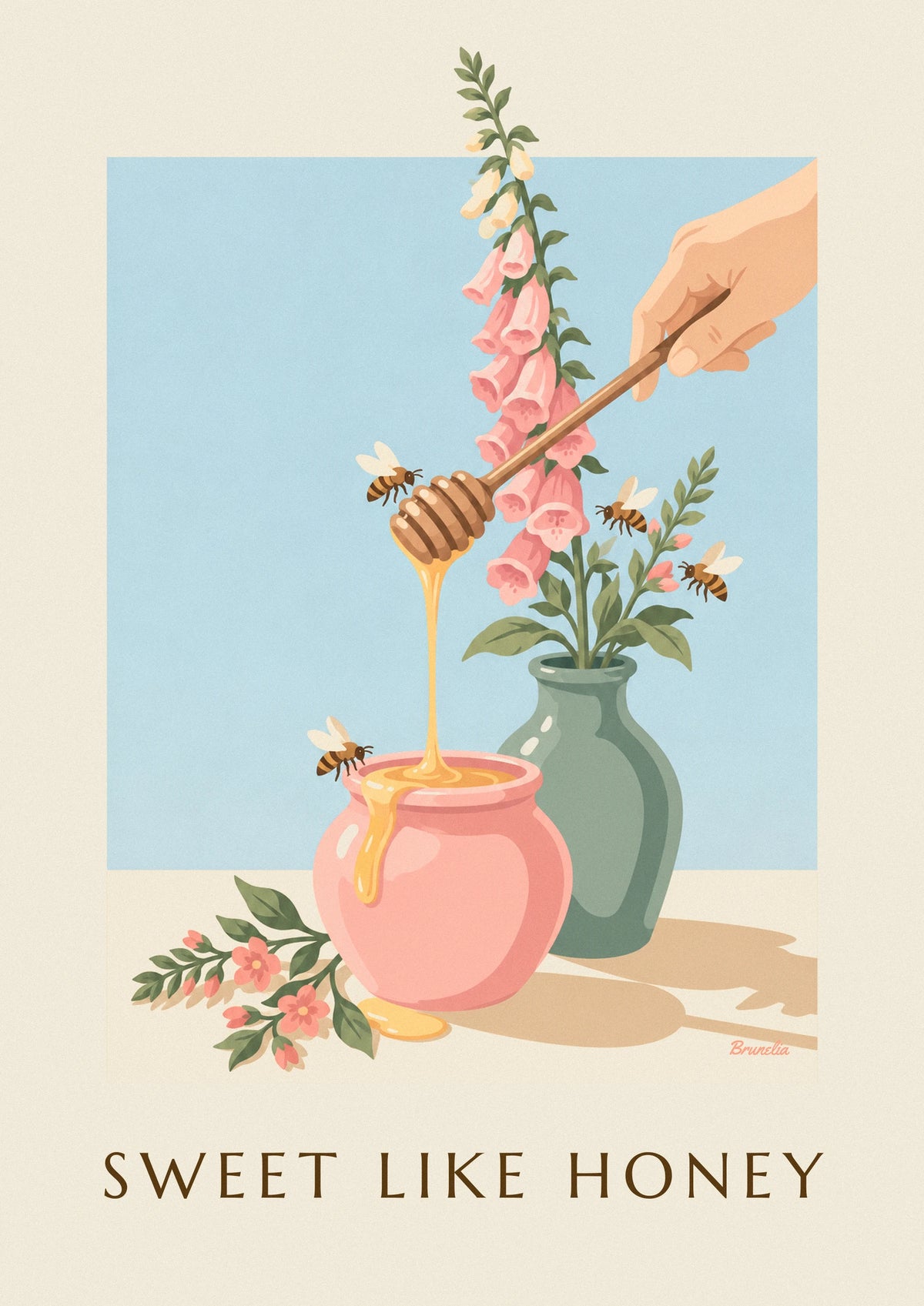 Affiche pot de miel doré, cuillère en bois et abeilles