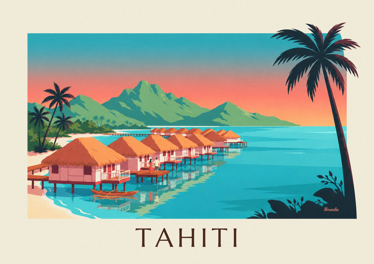 Affiche bungalows sur pilotis de Tahiti au coucher du soleil