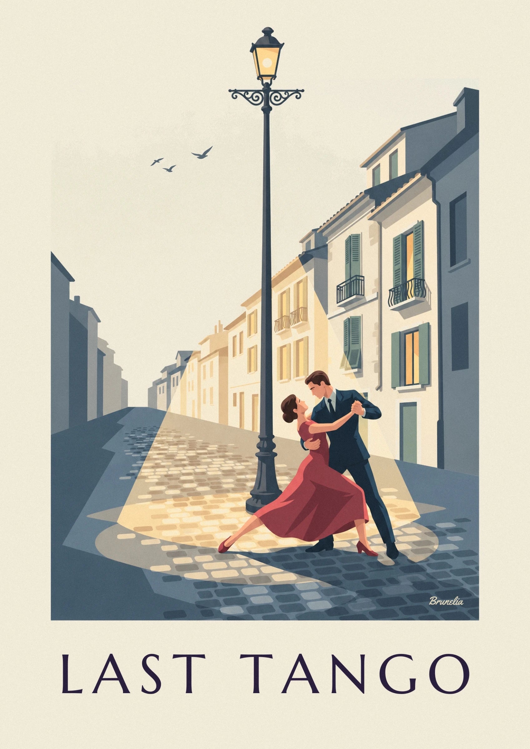 The tango couple in an embrace, with a flowing red dress and dark blue suit on the cobblestones