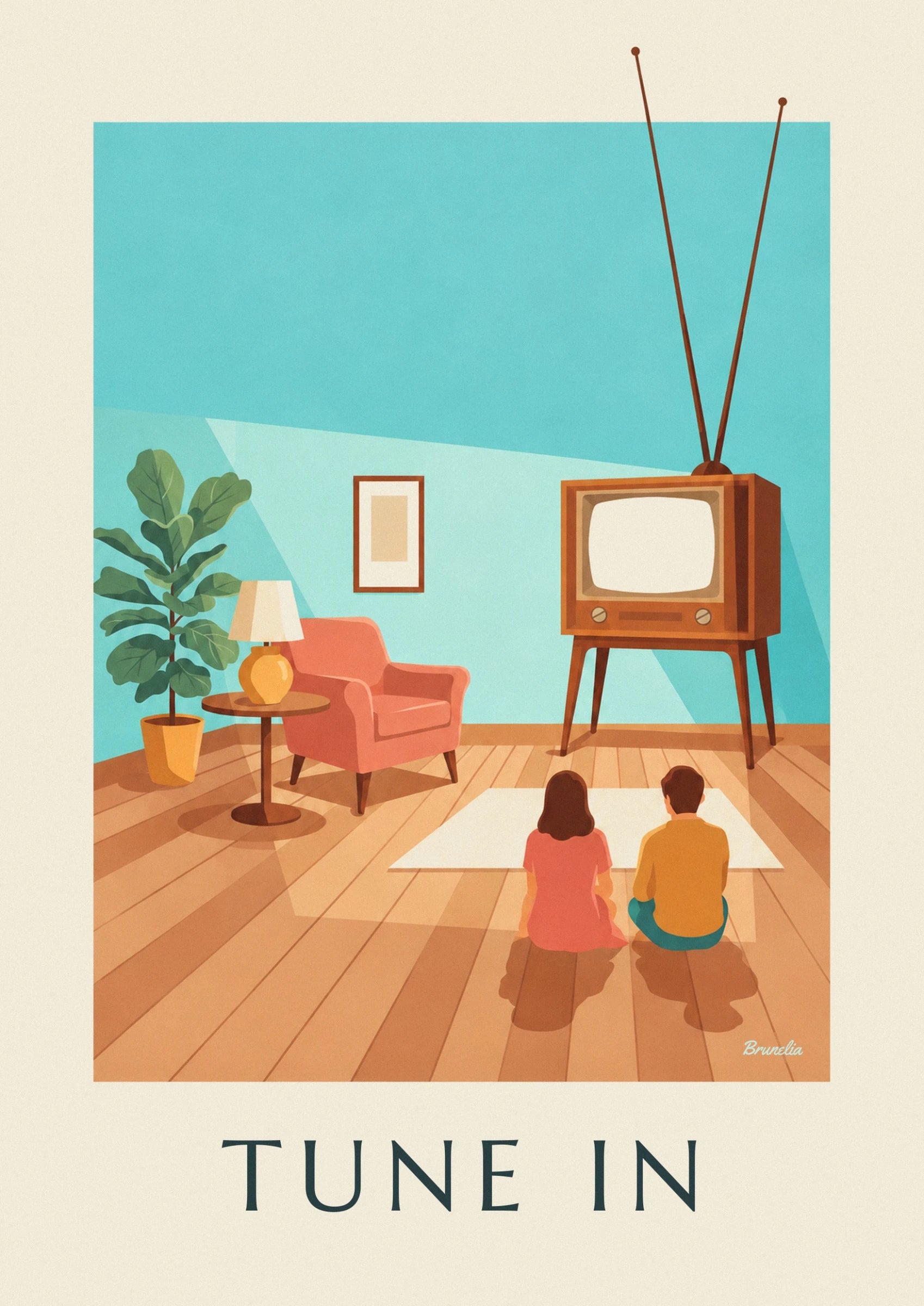 Les 2 spectateurs assis de dos sur le parquet, en rose et en jaune