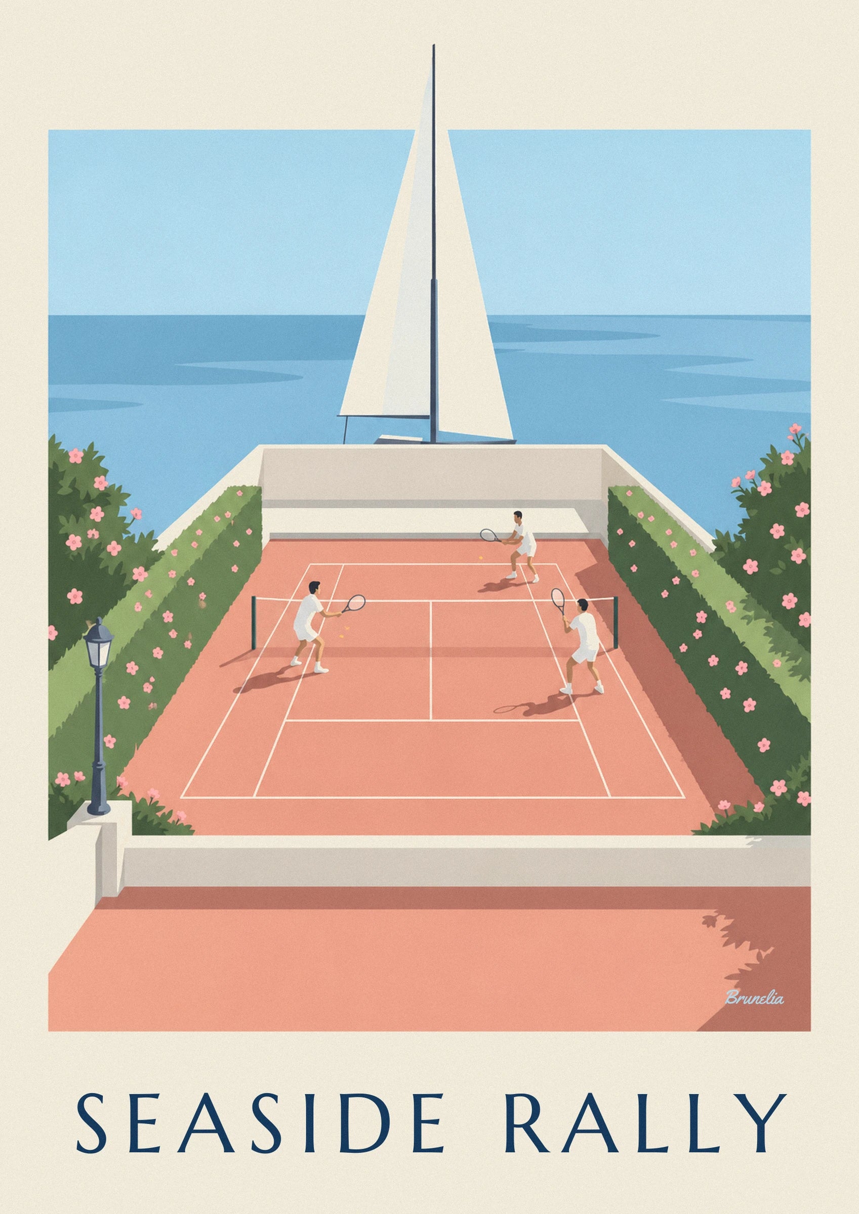 The 2 players in white with their rackets on the clay tennis court