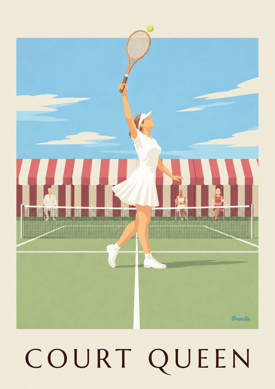 Grass court tennis player in pleated skirt and visor poster