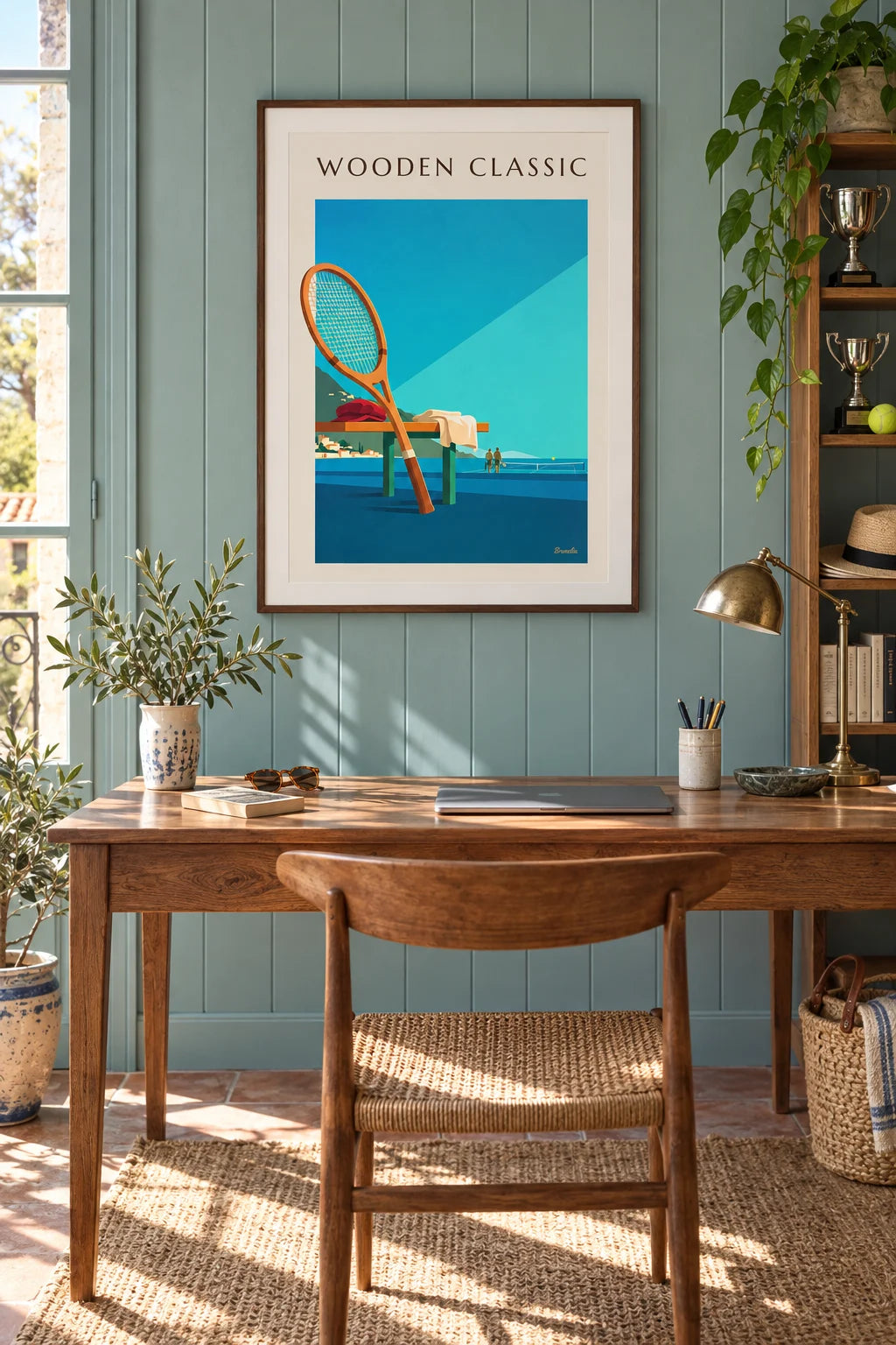 Wooden tennis racket by a seaside court poster on the wall