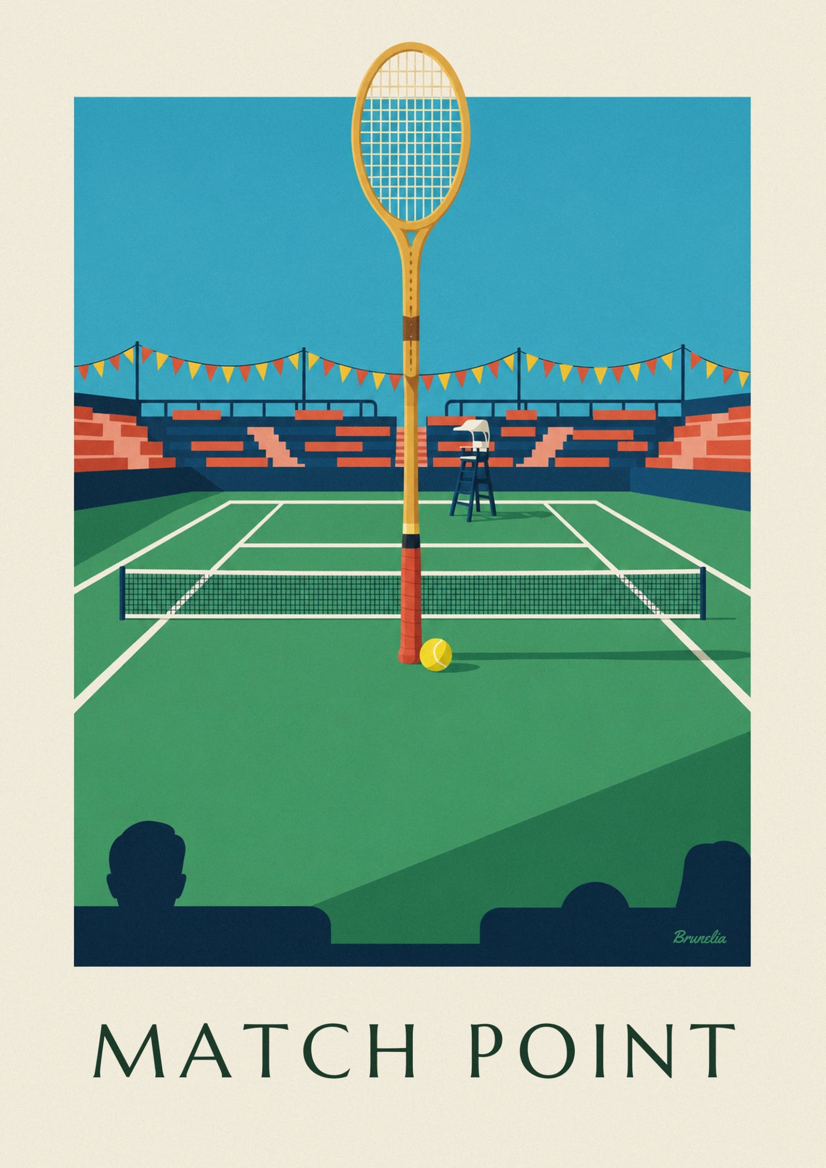 The racket handle and yellow ball resting on the green court, with the net and umpire's chair in the background