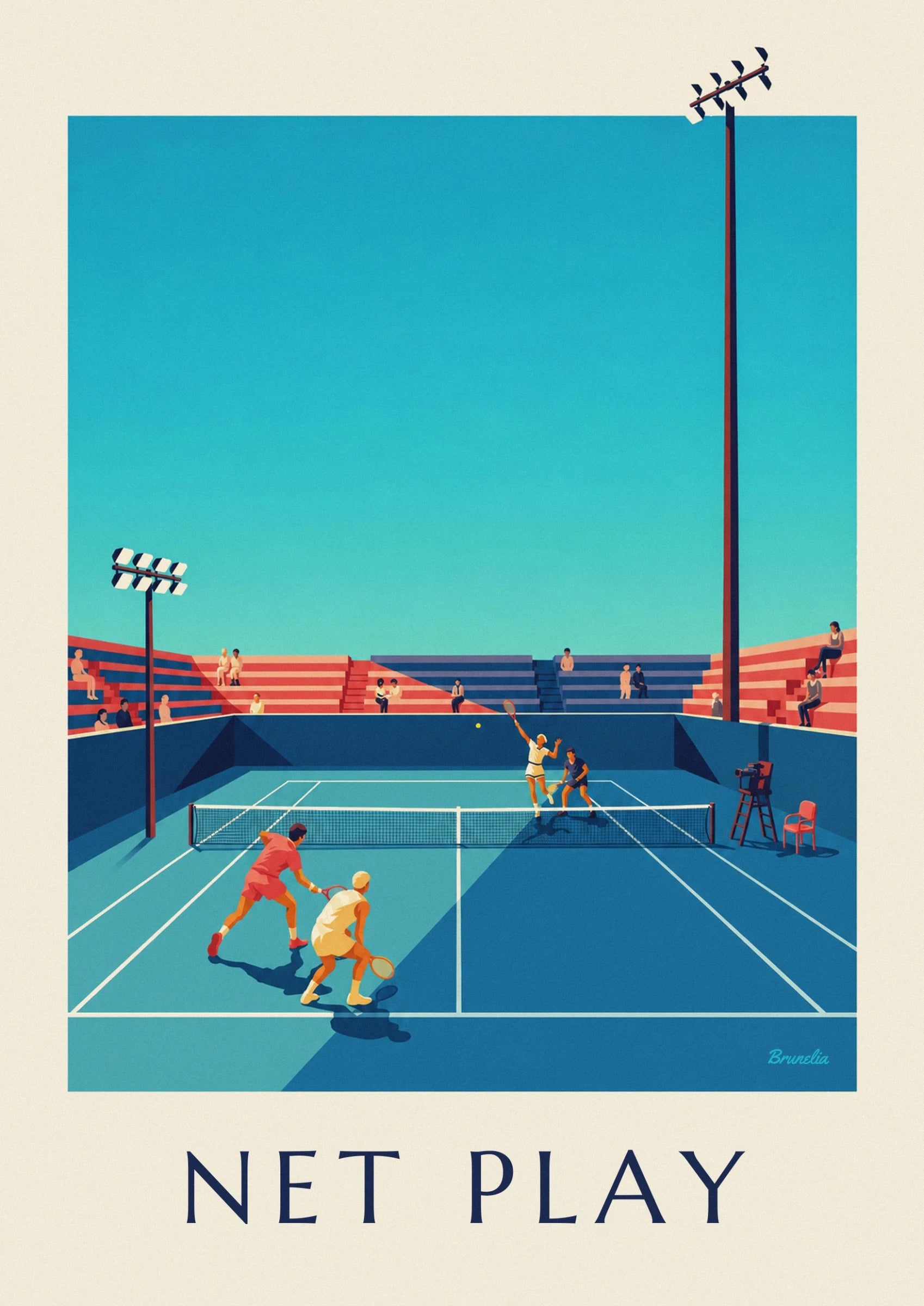 The 2 players in coral and pale yellow, rackets in hand on the turquoise court