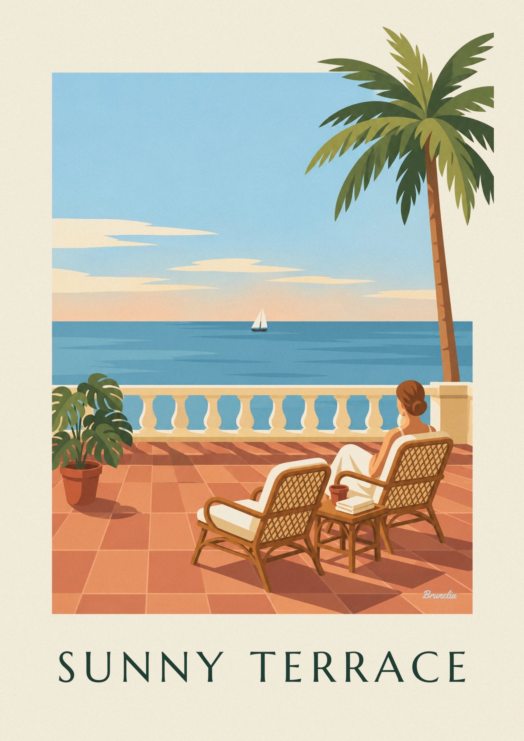 The monstera in a terracotta pot on the orange terrace tiles