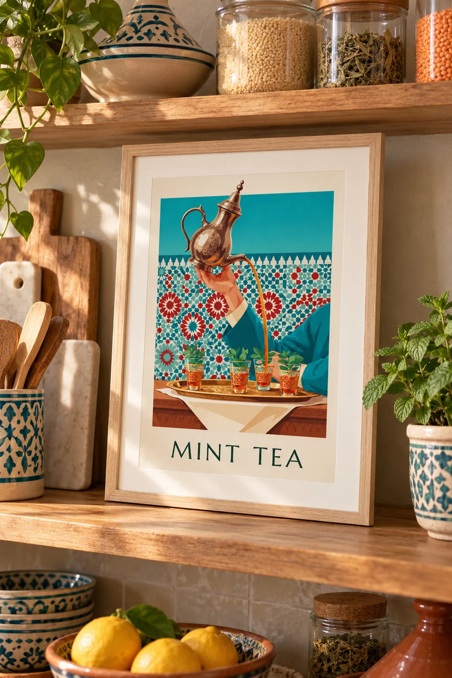 Affiche thé à la menthe servi dans des verres ciselés : petit format A4 encadré