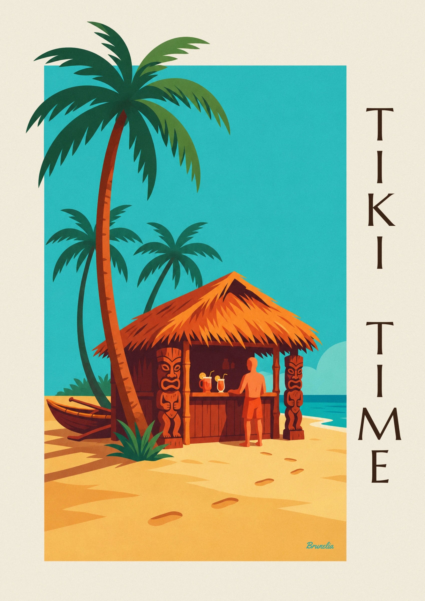 Tropical beach tiki bar with palm trees poster: close-up detail