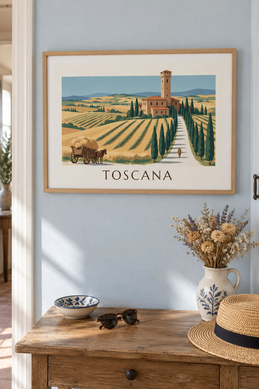 Affiche villa toscane, allée de cyprès et collines de blé : encadrée au mur