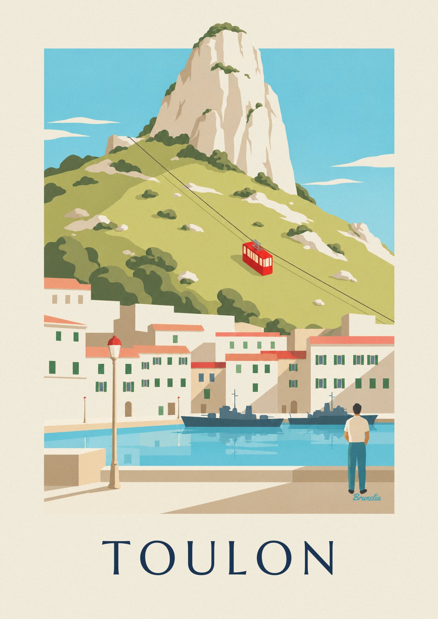 Le rocher du Faron dominant la colline verte, avec la cabine rouge du téléphérique sur son câble