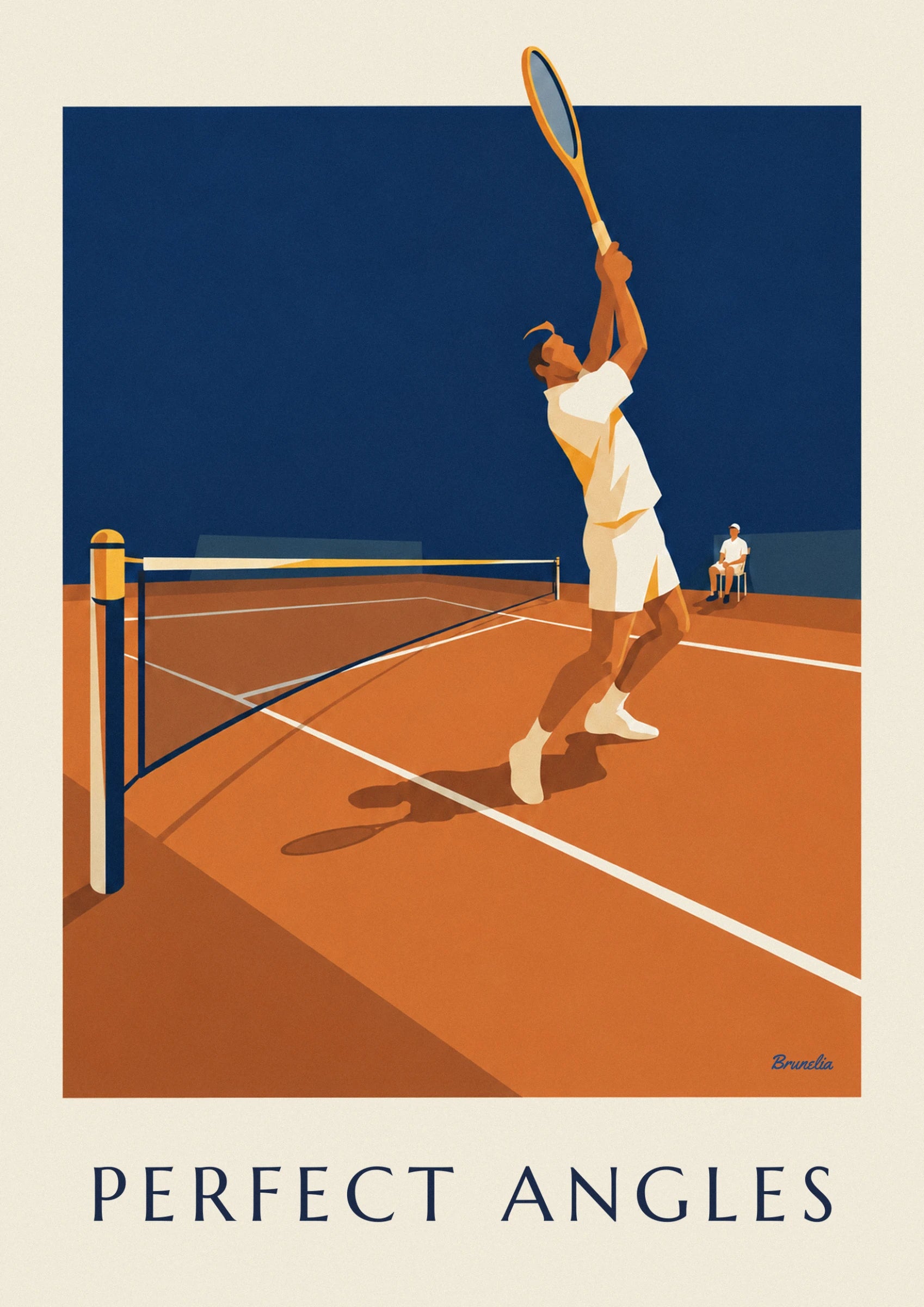 The player in white serving with racket outstretched, and the umpire seated at the back of the court