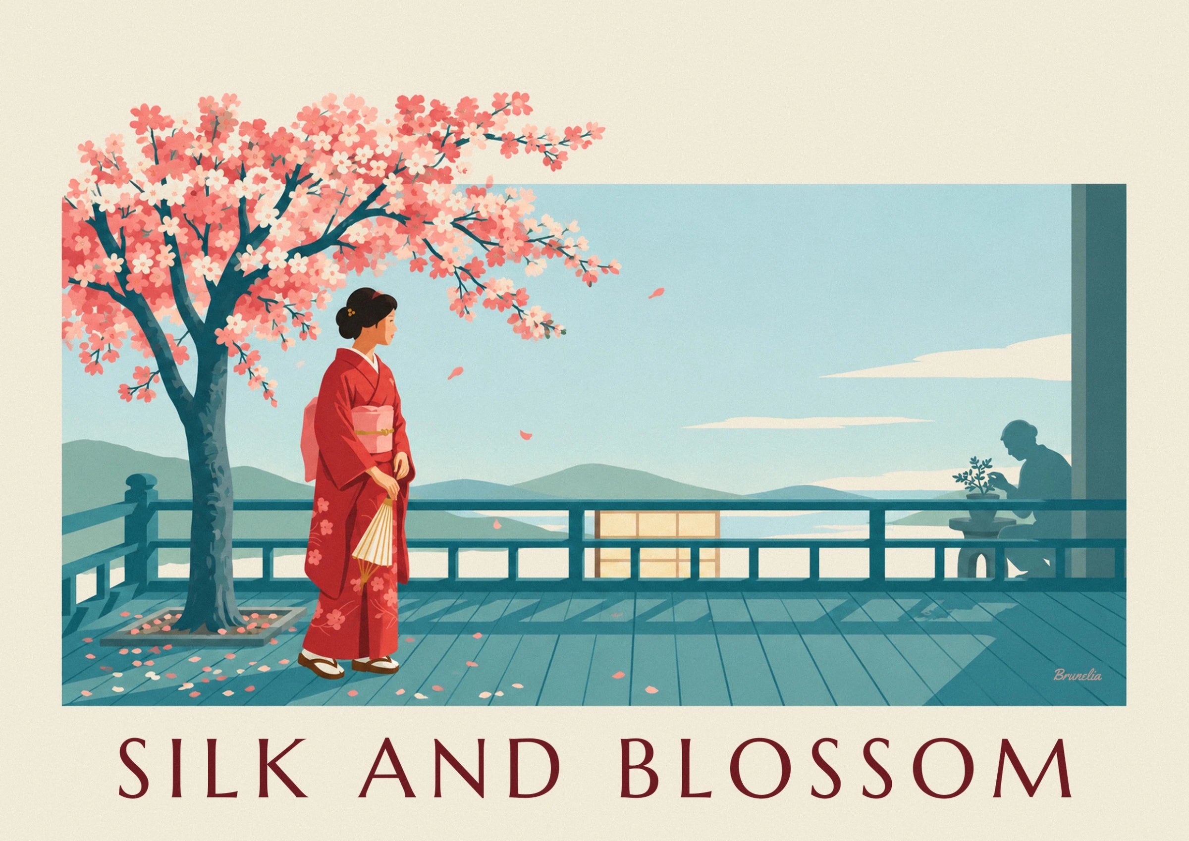 The woman in a red floral kimono, holding her fan beneath the cherry blossoms
