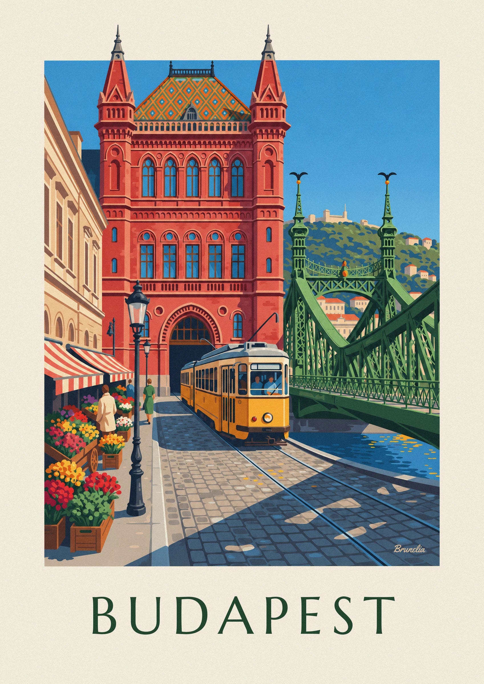 The yellow Budapest tram, its passengers and its rails on the cobbles