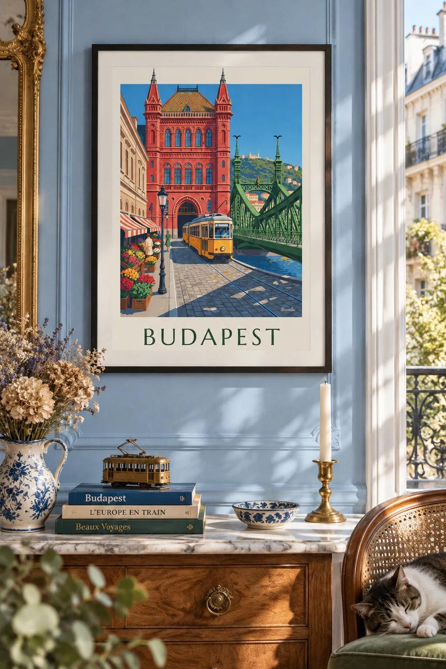 Poster of a yellow tram and the Liberty Bridge in Budapest: framed on the wall