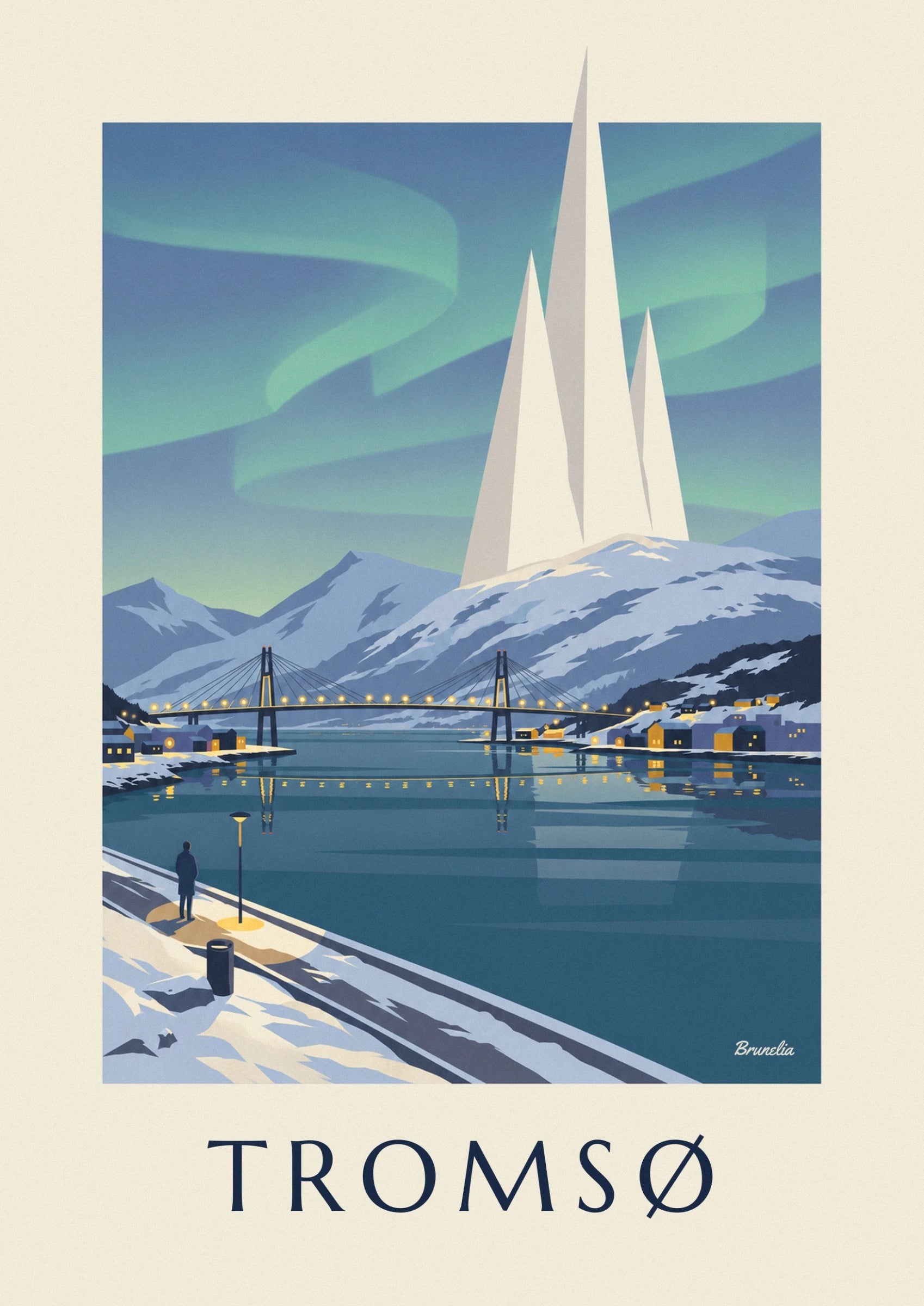 Le pont illuminé sur le fjord bleu, entre montagnes enneigées et maisons du rivage