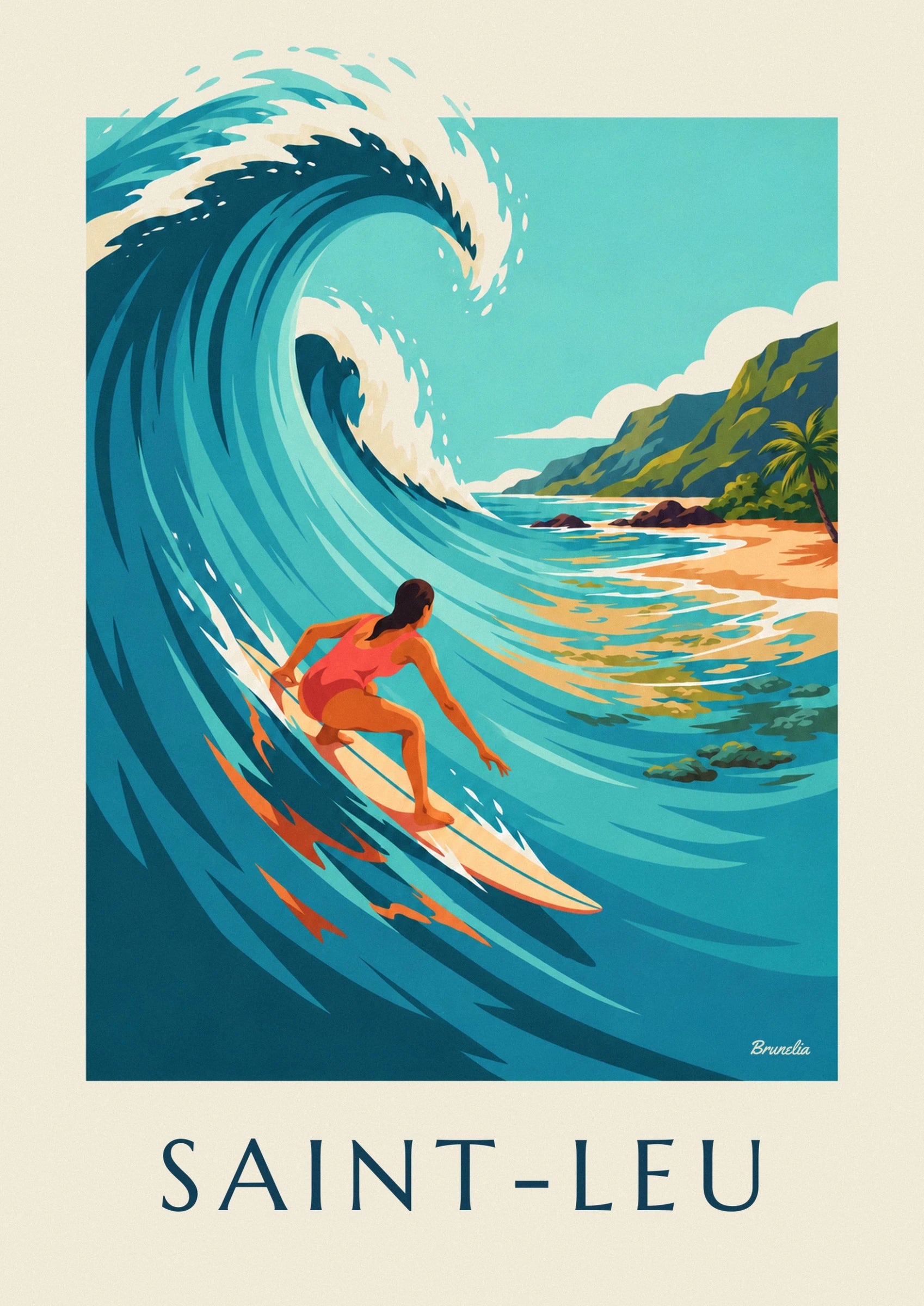 La surfeuse en maillot corail sur sa planche crème, au creux de la vague turquoise