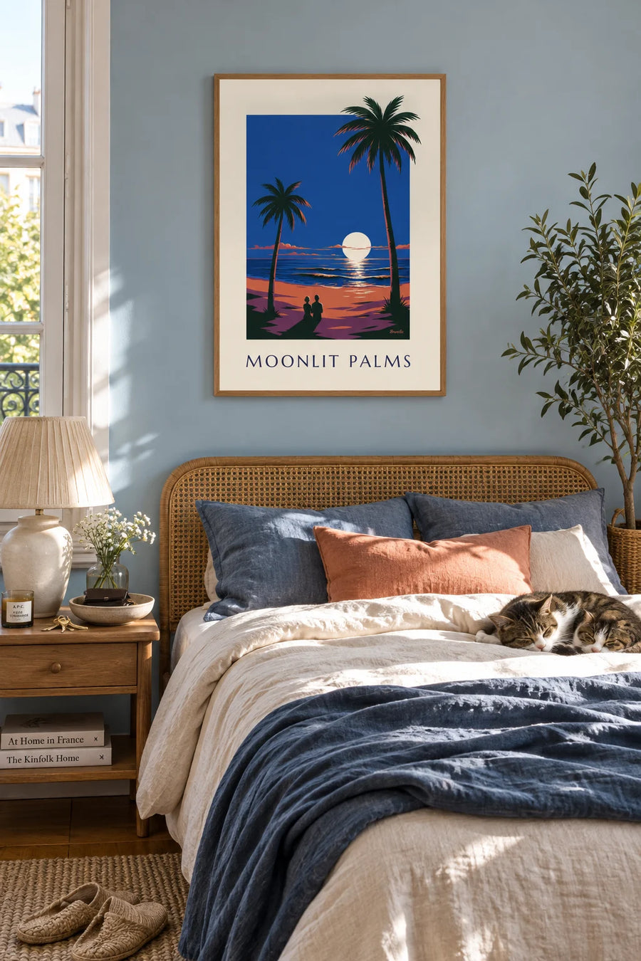 Poster of palm trees under a full moon by the ocean: framed on the wall
